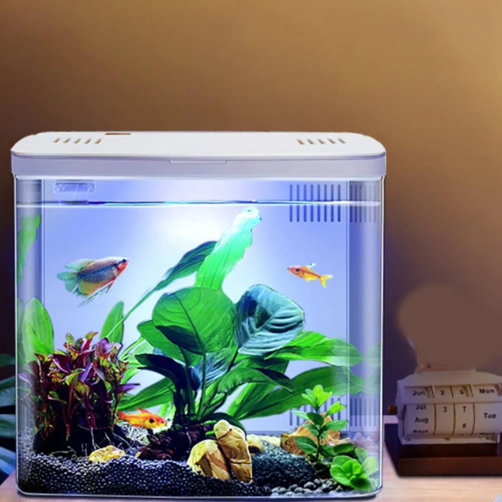 Kit de iniciación de acuario para peces betta pequeños con pecera ecológica de escritorio con luz LED y sistema de filtración multicapa para limpieza y medio ambiente (blanco)