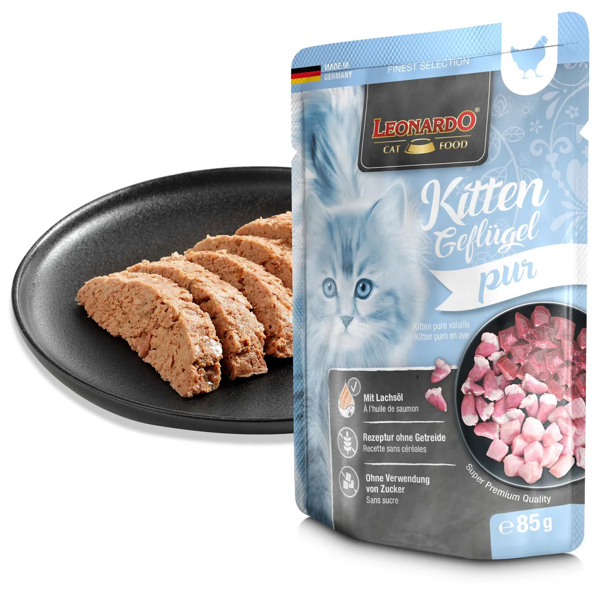 LEONARDO Bolsas [16x85g Kitten Puro en Ave] | Alimento húmedo sin Cereales para Gatos |Alimento Completo en prácticas raciones Individuales