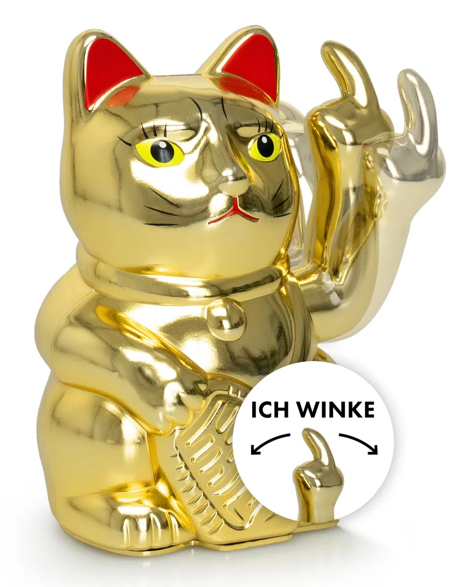 ANGRY CAT - Gato de guiño Lucky Cat - Gato Divertido Que Llama - Gato japonés - Artículo Decorativo de Gato - Brazo de ángulo - 15 cm - Oro
