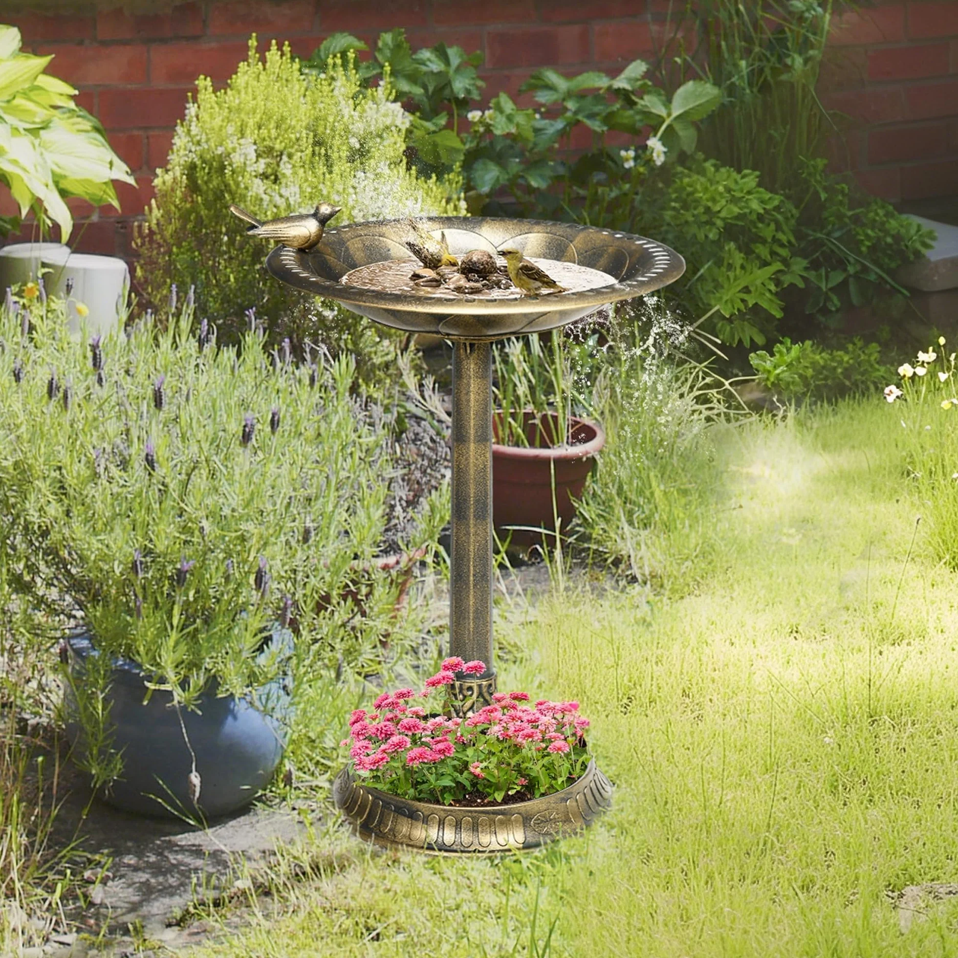 Outsunny Baño para Pájaros de Jardín Exterior, Altura 72 cm, Comedero para Pájaros con Diseño Retro y Elegante, Resistente a la Intemperie y Ligero, Bebedero para Aves al Aire Libre, Bronce