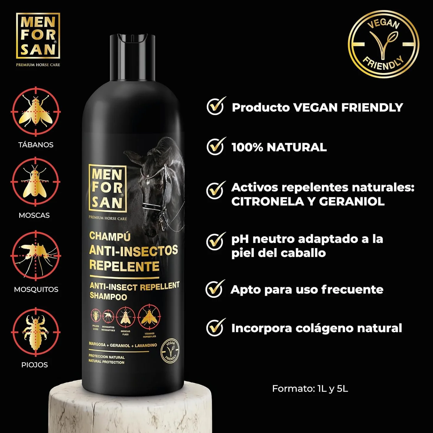 MENFORSAN - Pack 2 Unidades - Champú Repelente con citronela Caballos - 1L