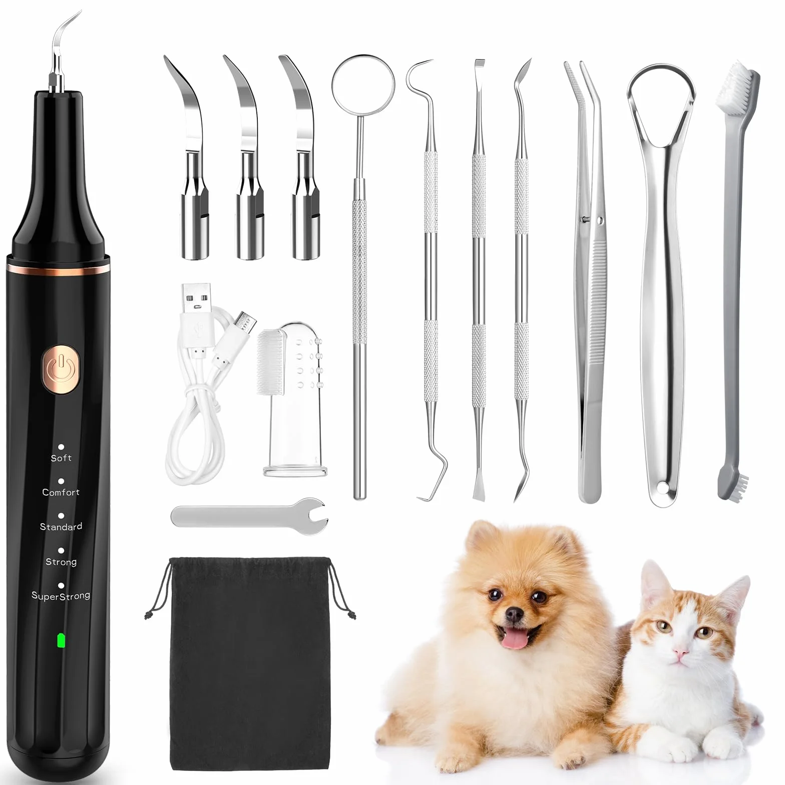 Kit de Limpieza de Sarro Dental Ultrasónico para Perros y Gatos, Detartrador Cepillos Ultrasónicos de Dientes Quita Manchas Limpiador, 5 Modos de Limpieza de Limpieza para Mascotas (Negro)