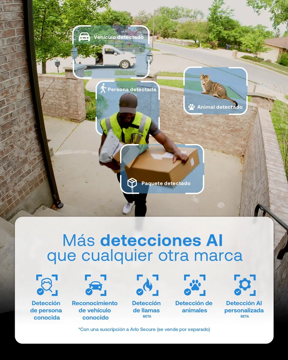 Arlo Essential 3 HD con rotación 360º Horizontal, Vertical y Zoom, Camara Vigilancia WiFi Exterior HD, Sensor de Movimiento, Alarmas, Visión Nocturna En Color, Prueba Secure Incluida, 2 Cámaras