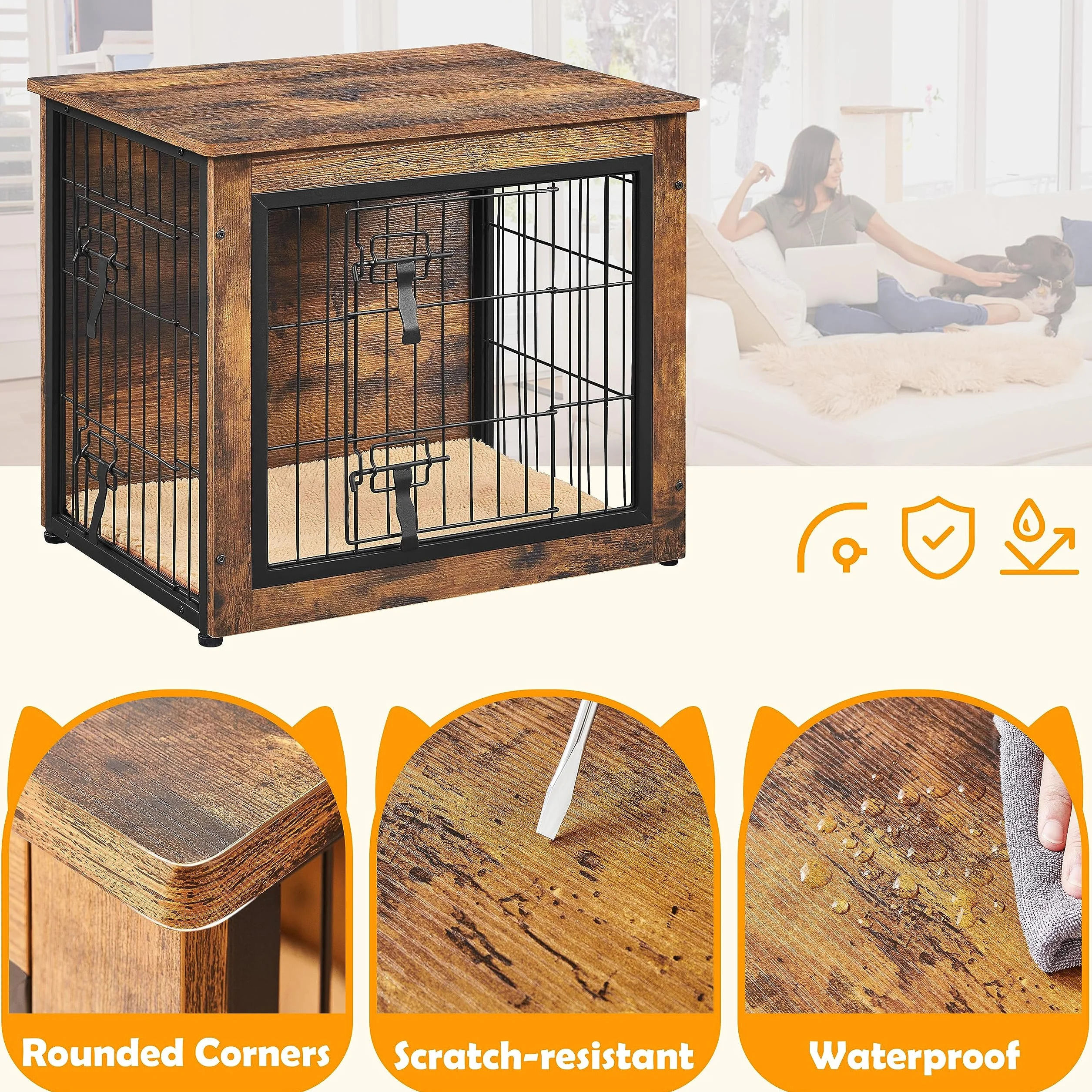 Yaheetech Jaula para perros de madera, estilo mueble, jaula para mascotas con 2 puertas y cojines, moderna caseta para perros pequeños/medianos de hasta 61 kg, 69 x 51 x 61 cm, color marrón