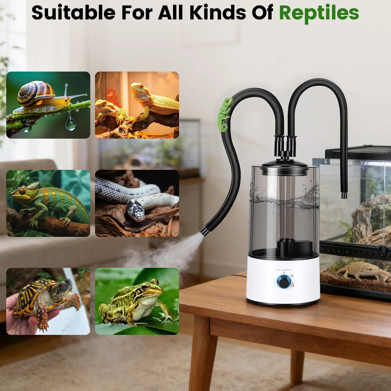 Humidificador Aéreo para Reptiles, 4L Generador Niebla para Terrarios con Tubo Doble Extensible, Ajuste en Tres Niveles del Tamaño de la Niebla, Vaporizador Ultra Silencioso para Reptiles