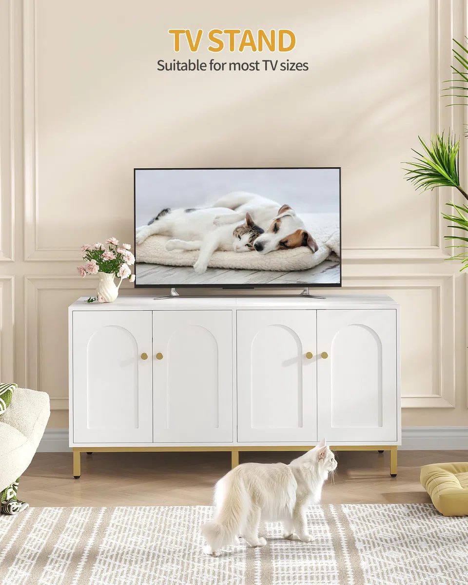 Hzuaneri Caja de Arena para 2 Gatos, 119cm Mueble para Caja de Arena Oculta, Casa de Madera para Mascotas, Mueble de Almacenaje, Se Adapta a la Mayoría de Arenero Gato, Blanco-Oro CB82313A