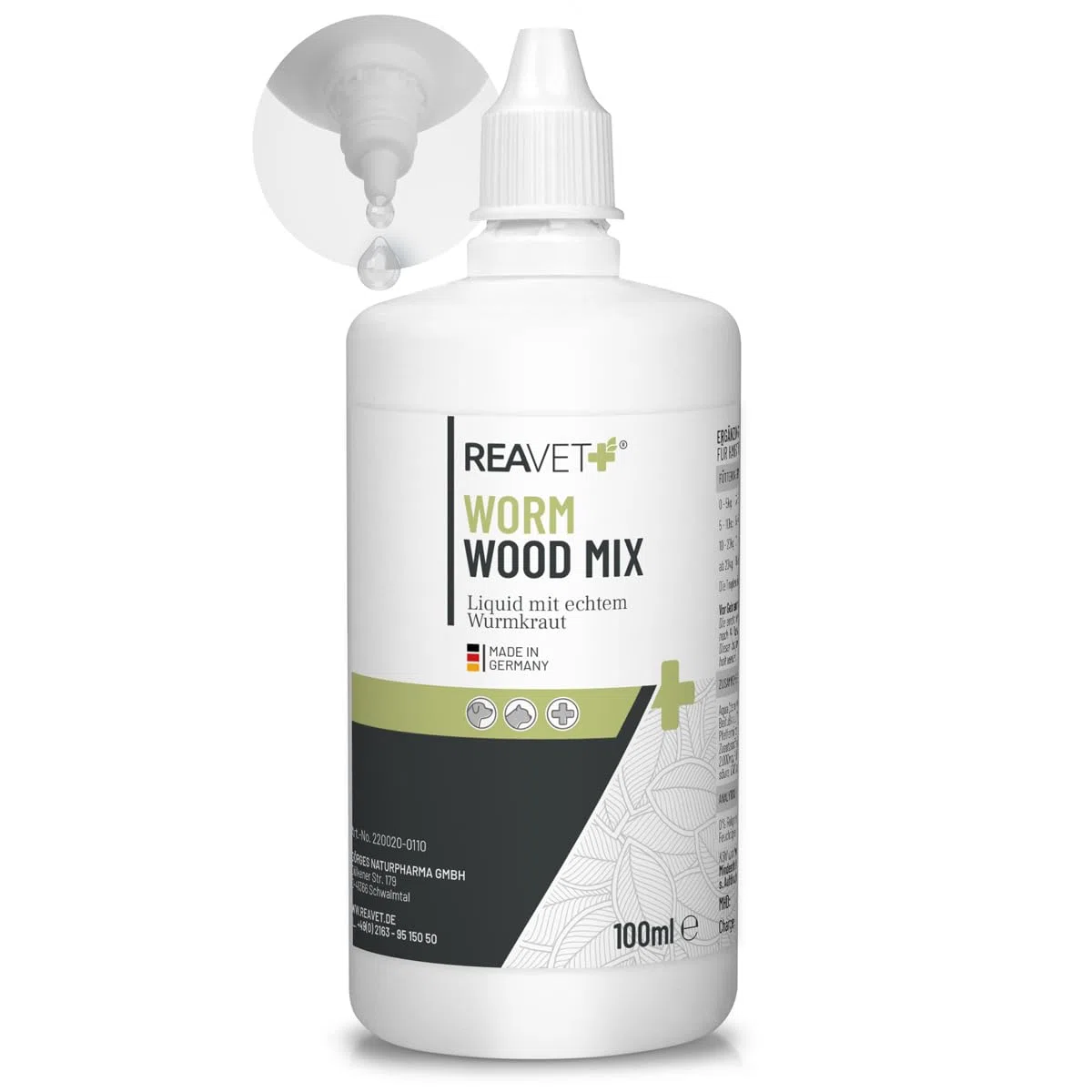 ReaVET Wurm-Kraut Líquido 100ml – para perros y gatos, con artemisa de gusano real (Artemisia Absinthium) en fórmula de plantas basada en receta, adecuado para todas las mascotas