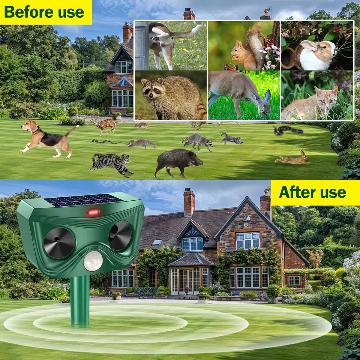 Repelente de gato ultrasónico, repelente de gato solar repelente de gato exterior, repelente ultrasónico con detector de movimiento para jardín, patio contra gatos perros zorros pájaros ratas