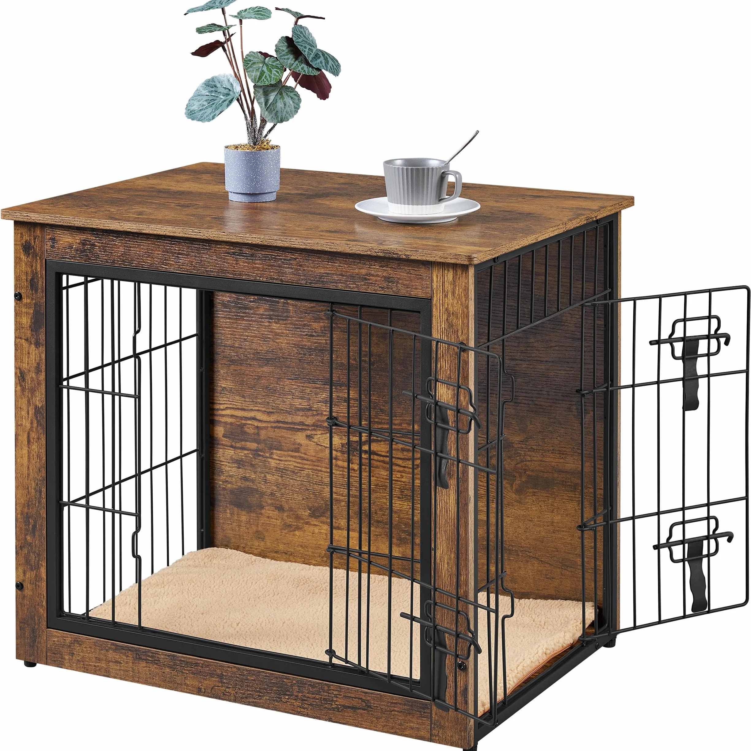 Yaheetech Jaula para perros de madera, estilo mueble, jaula para mascotas con 2 puertas y cojines, moderna caseta para perros pequeños/medianos de hasta 61 kg, 69 x 51 x 61 cm, color marrón