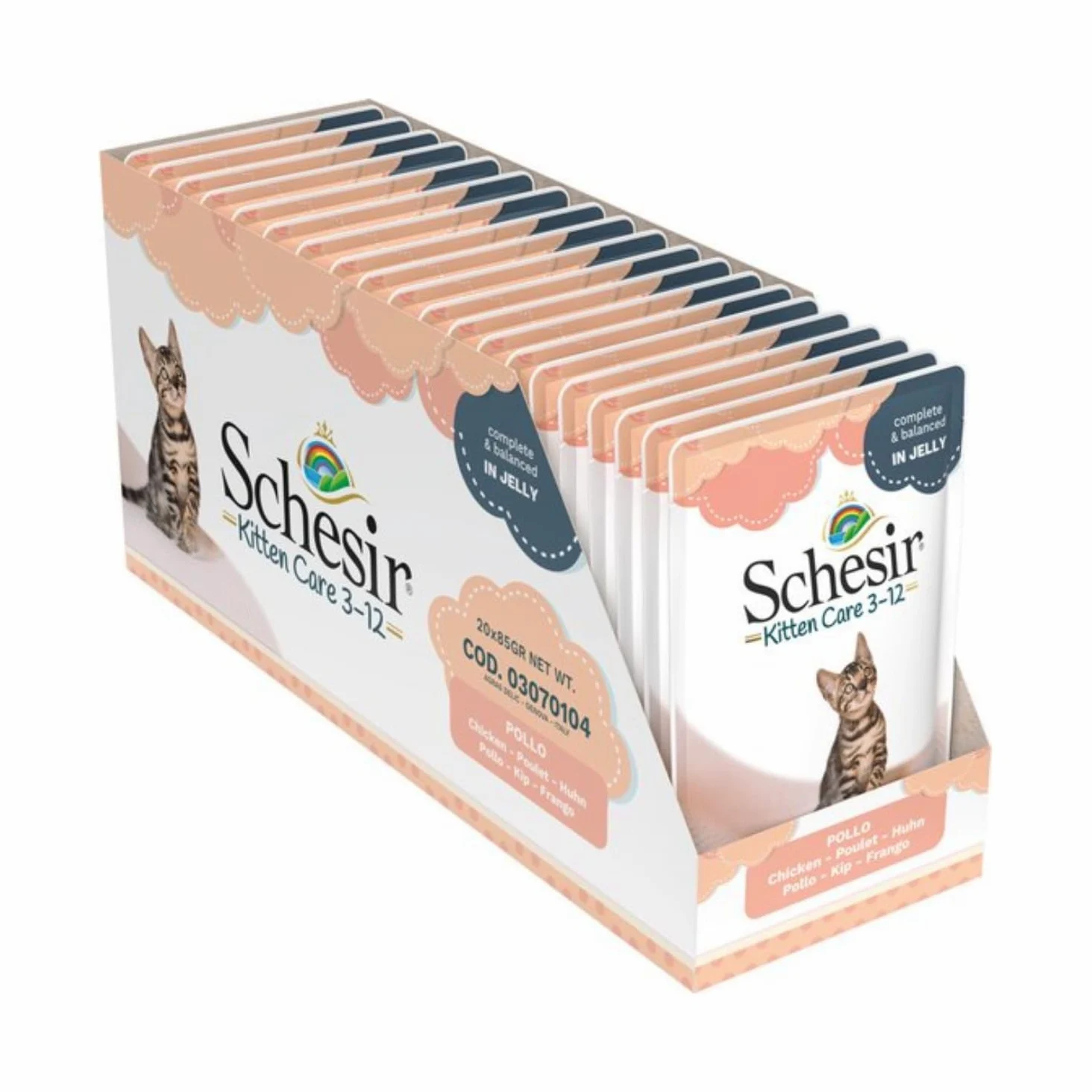 Schesir Filete de pollo Cat Jelly Kitten, alimento húmedo para gatitos en gelatina, 20 bolsas x 85 g