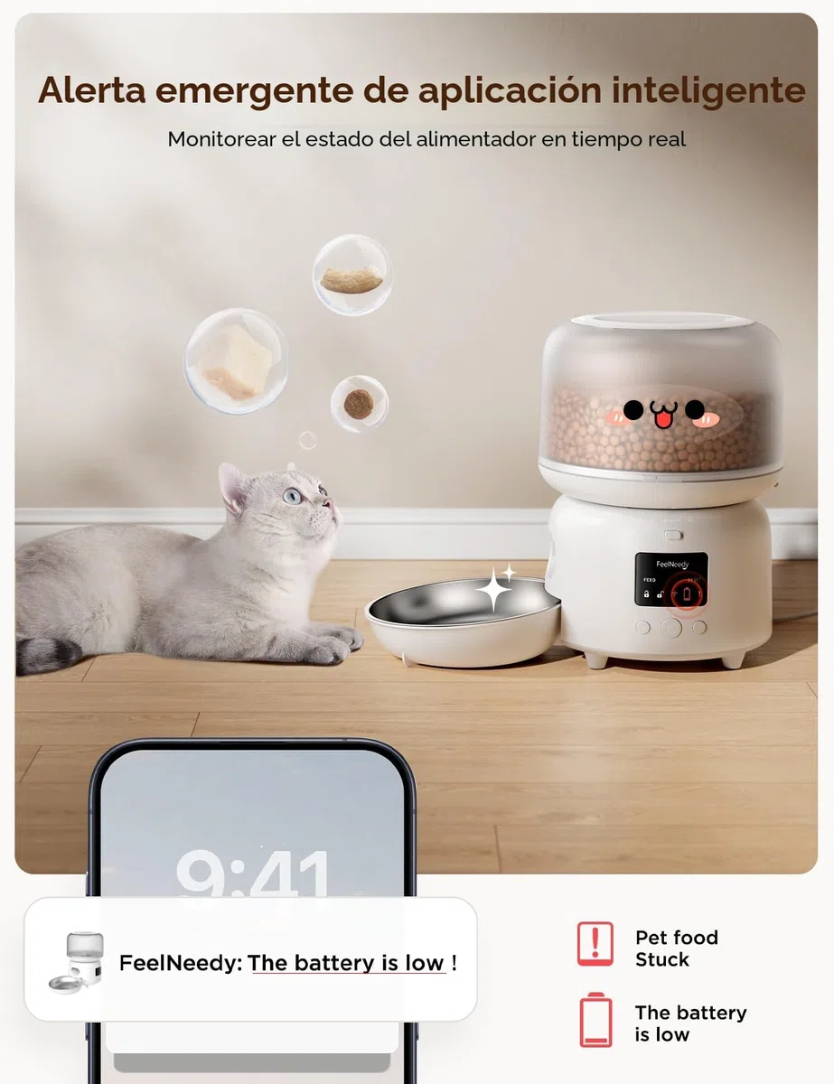 FEELNEEDY Comedero Gato Automático 2.4G Wi-Fi, Dispensador Comida Gatos con Control de App, hasta 10 Comidas/36 Porciones al Día, Tazón para Gatos de Acero Inoxidable, 3L