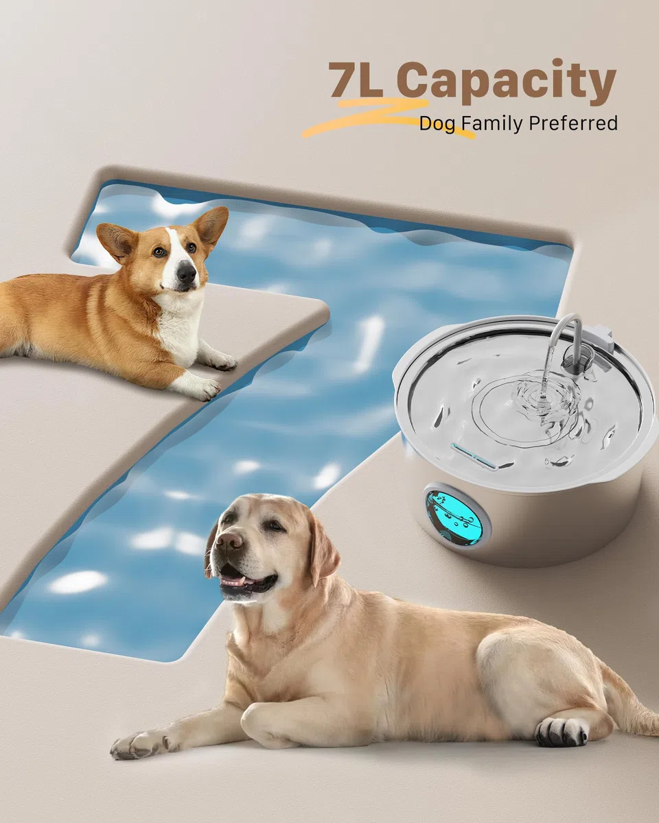 Fuente para Gatos Acero Inoxidable: 7L/236oz Fuente para Perros - GROOKPET Bebedero Súper Silencioso - Luz LED - Apto para Perros Grandes, Gatos y Hogares con Varias Mascotas con 6 Filtros+3 Esponjas