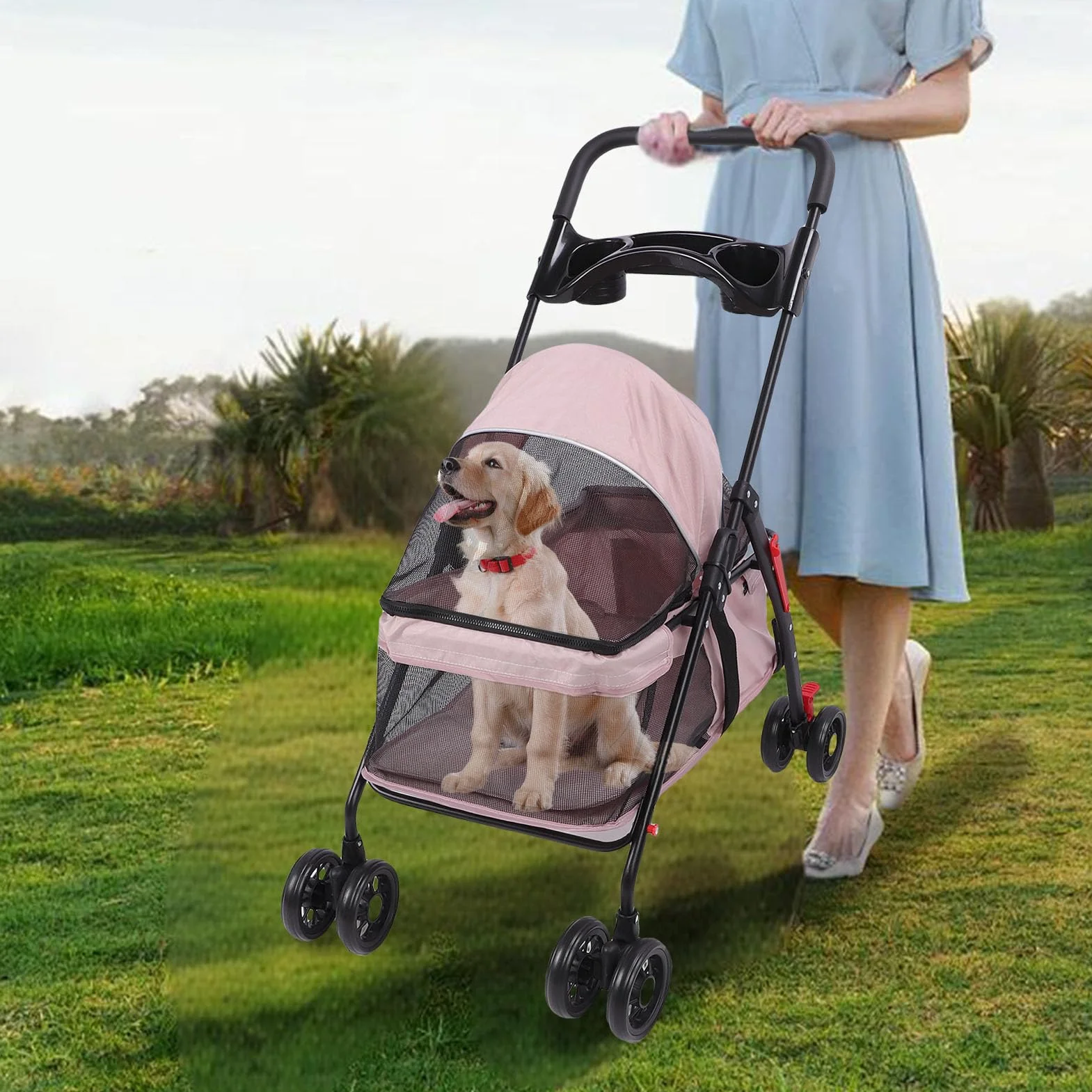 Carrito para Perros de 4 Ruedas, Joggador Plegable con Cubierta Solar, Portavasos, Almohadilla y Bolsa Trasera, Malla Transpirable