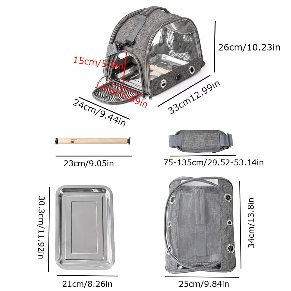 Transportador de viaje gris para pájaros con soporte y bandeja de acero inoxidable, jaula de viaje transparente y transpirable para mascotas, transportador portátil para loros pequeños