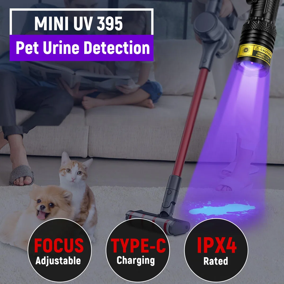 DARKDAWN Linterna UV de 395 nm, luz negra, mini y potente USB - C, linterna LED recargable para maderas, linterna portátil de enfoque ajustable para vidrio de uranio, dinero, manchas de orina de