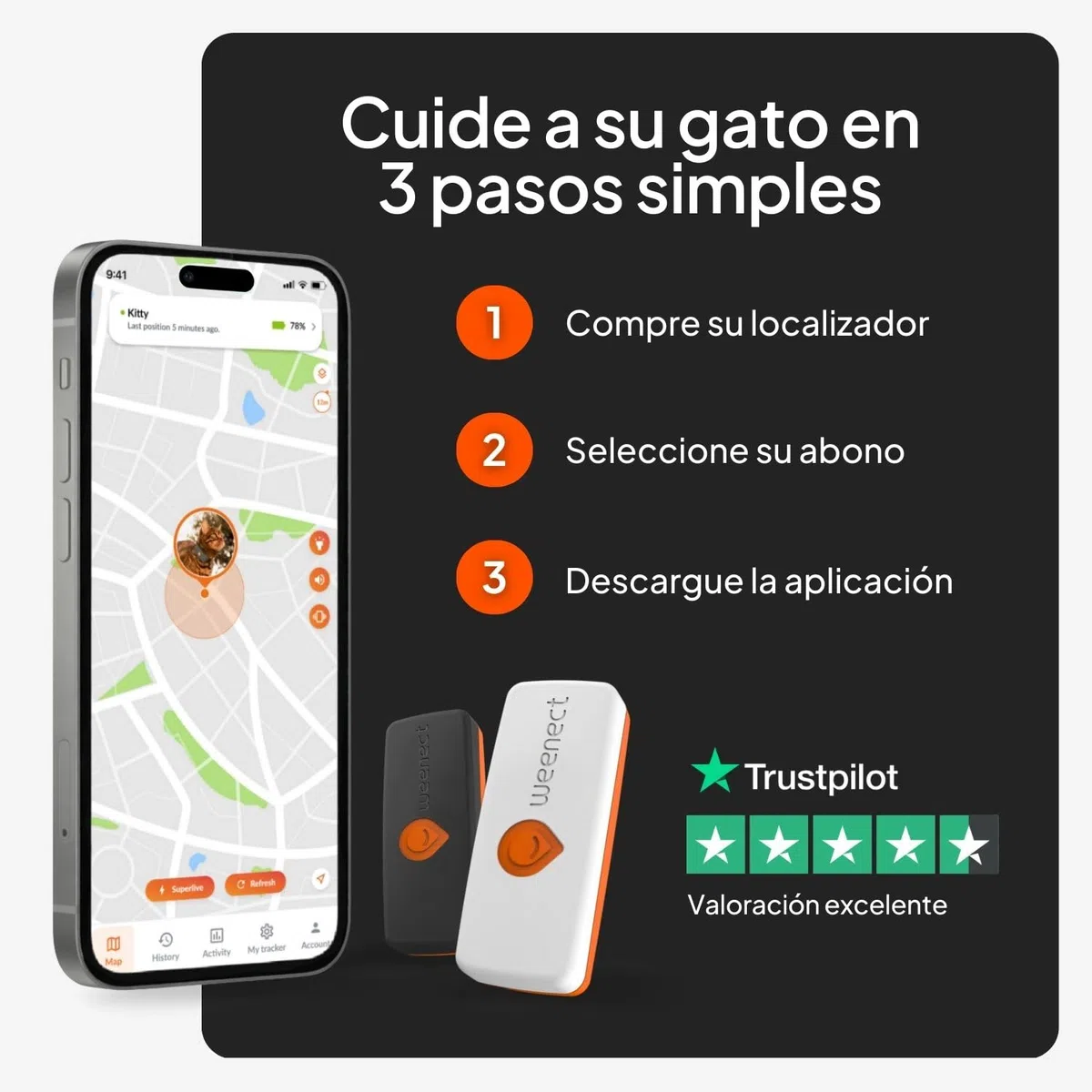 Weenect Cat XS - Nuevo GPS para Gatos | Mini rastreador GPS en Tiempo Real | El más pequeño del Mercado | Suscripción | Collar Incluido | Garantía de por Vida