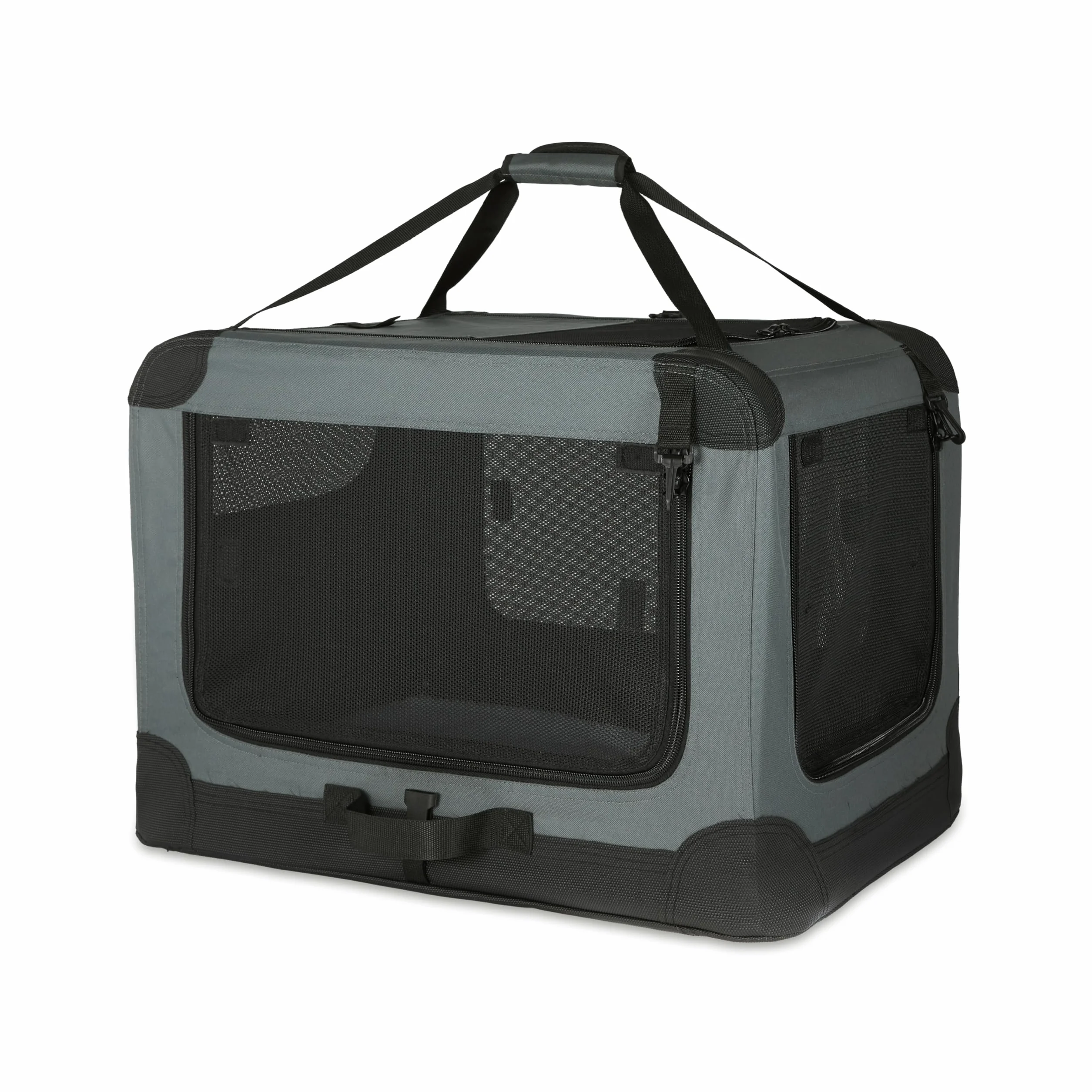 Amazon Basics Transportín portátil plegable de 4 puertas para perros y gatos, Gris, M 76 cm x 54 cm x 54 cm