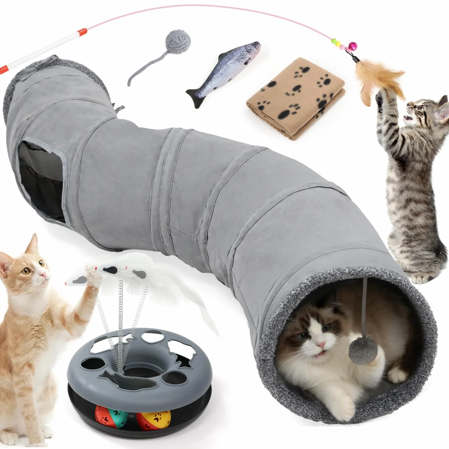 XIAPIA Tunel para Gatos con 6 Piezas, Juguete Interactivo Gato, Juguetes para Gatos Interior con Peces,Varita con Plumas, Pelotas, Manta, Ratones,Regalos y Juegos para Mascotas