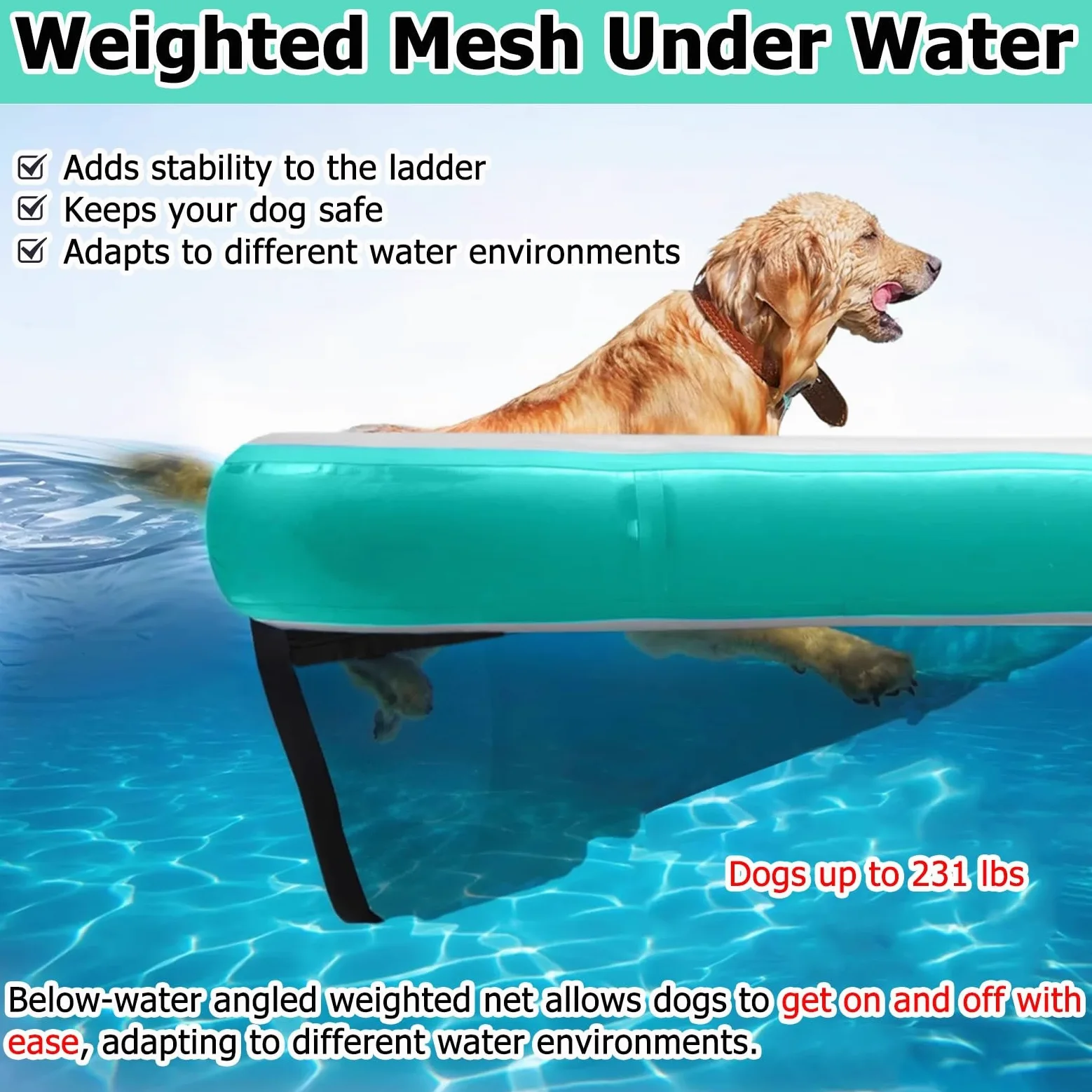 rampa de agua para perros Rampa De Agua Ligera Para Perros, Escalera Inflable Flotante De 99 Cm De Ancho Para Piscinas, Plataforma Reutilizable Con Bomba, Cuerda Y Kit De Reparación, Antideslizante.(B