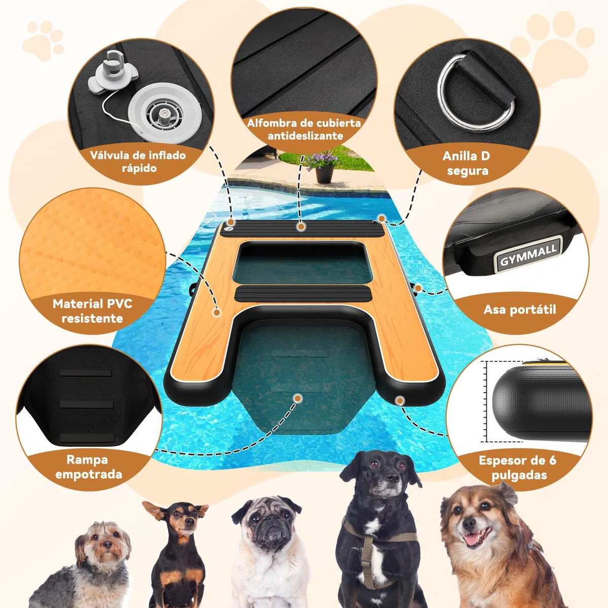 Rampa de Agua Hinchable para Perros 170 x 120 cm, Capacidad hasta 150 kg, Ideal para Muelles, Piscinas y Barcos