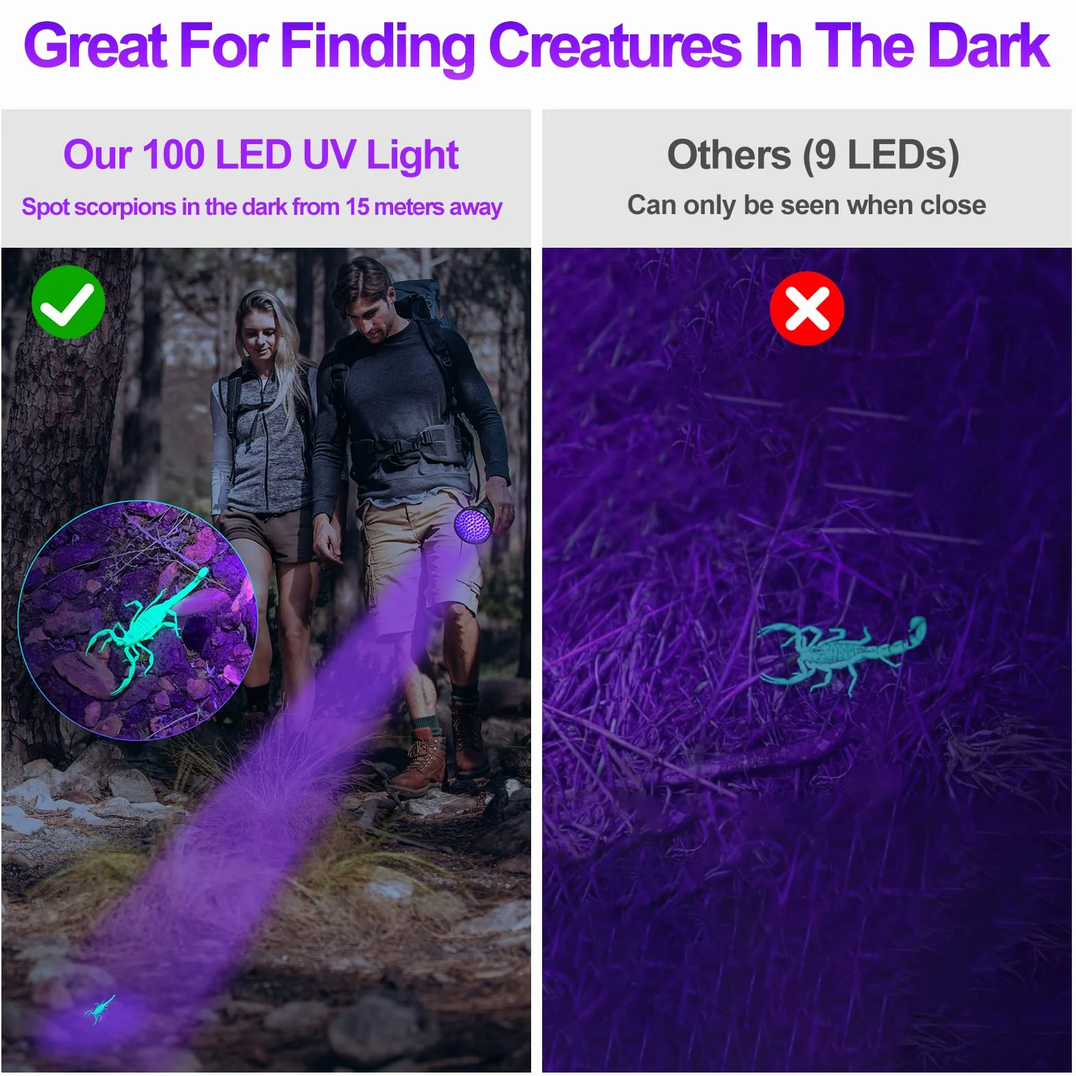 Vansky Lámpara UV de luz negra, linterna de 395 nm: luz UV con 100 LED UV para mascotas, detector de orina, lámpara de luz negra para manchas secas de sus perros, gatos y roedores en alfombras