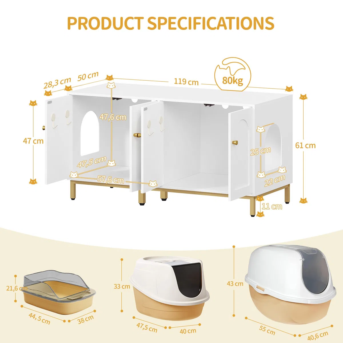 Hzuaneri Caja de Arena para 2 Gatos, 119cm Mueble para Caja de Arena Oculta, Casa de Madera para Mascotas, Mueble de Almacenaje, Se Adapta a la Mayoría de Arenero Gato, Blanco-Oro CB82313A