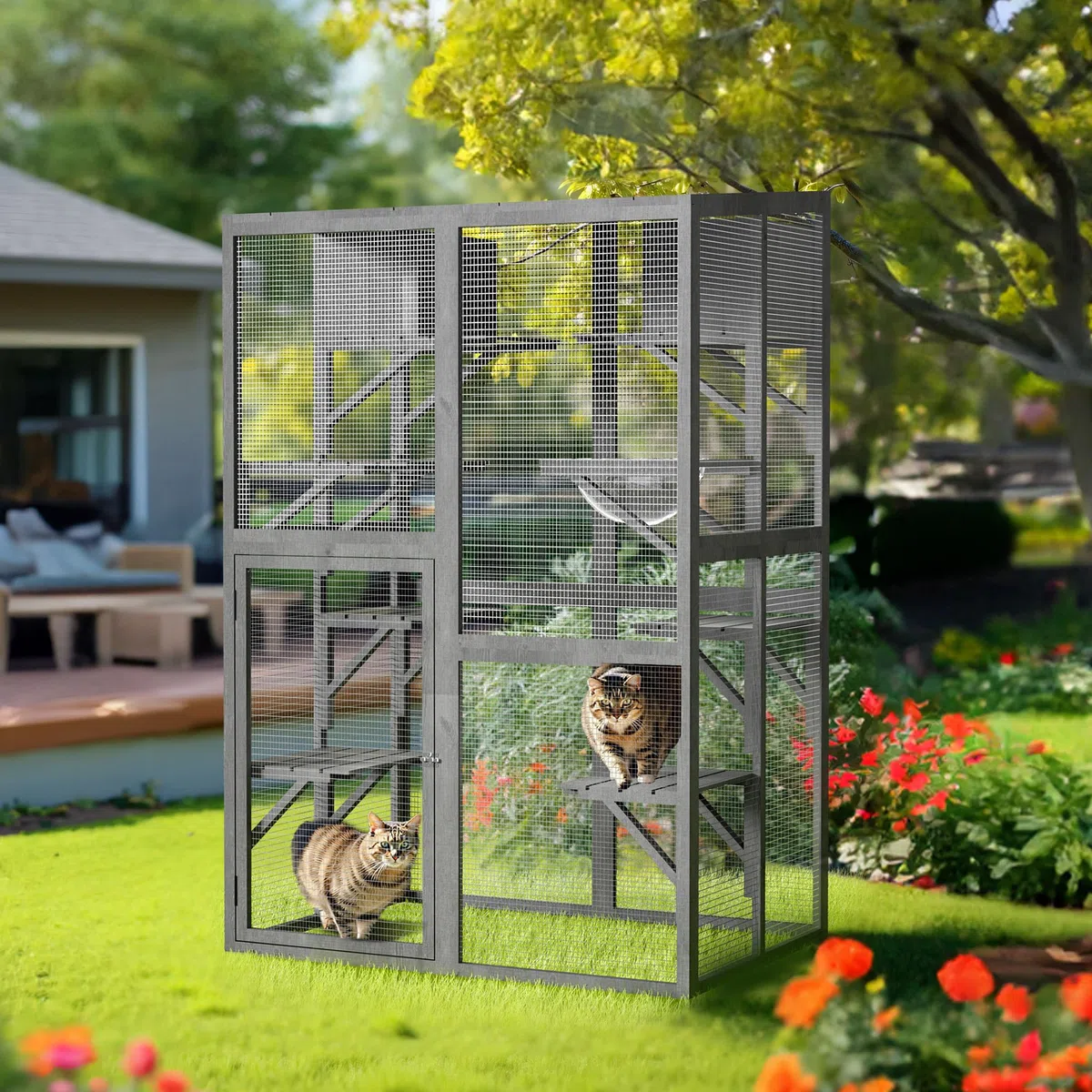 Wiltec Recinto de Exterior para Gatos 116 x 82 x 175,7 cm en Madera de Abeto, Malla de Acero galvanizado, Techo de PVC. Puerta Amplia, 5 Niveles para más Actividad Felina