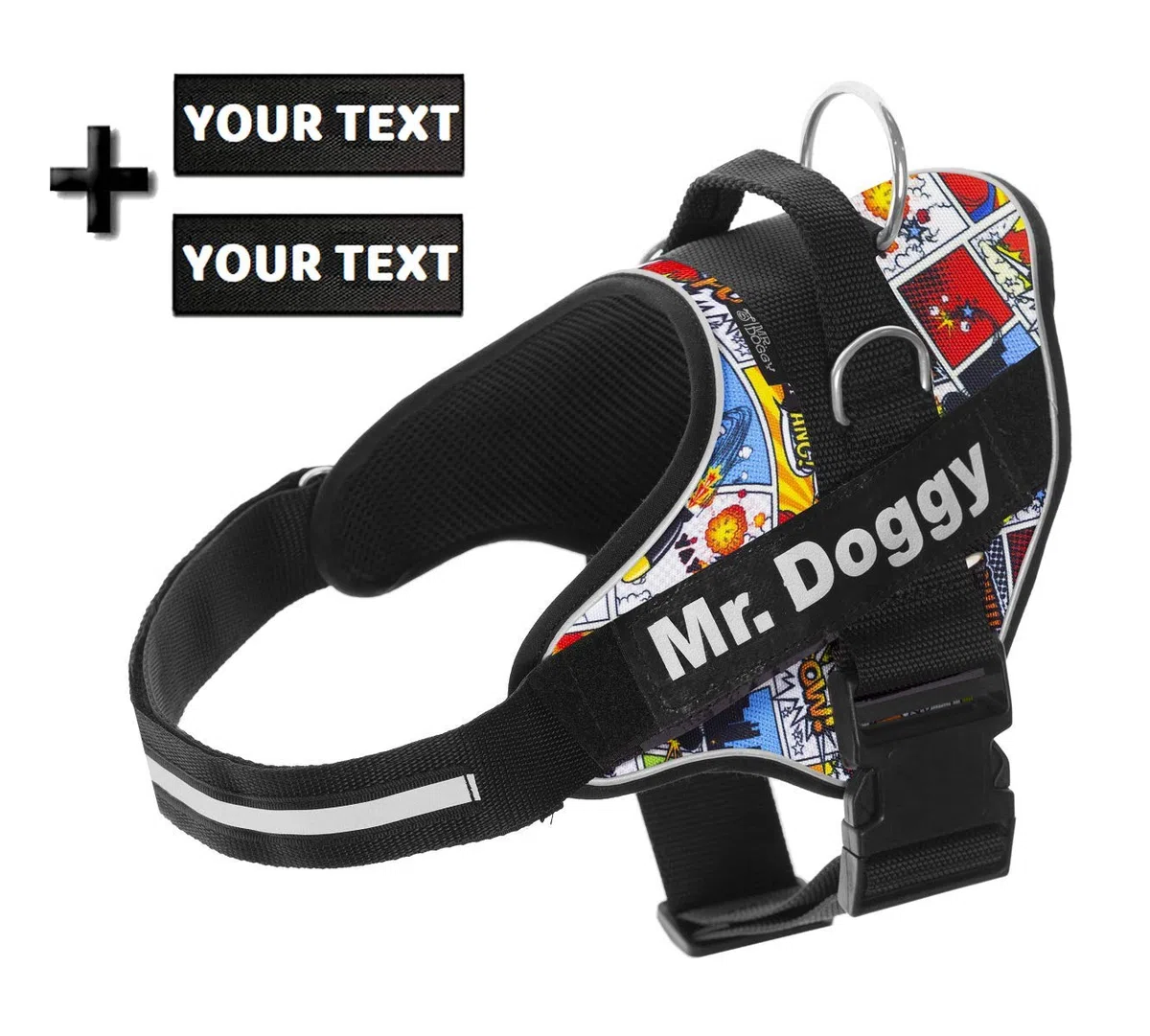 Arnés Personalizado para Perros - Arnés para Perros Reflectante y Seguro - Incluye 2 Etiquetas con Nombre - Tamaño Pequeño, Mediano y Grande - De Calidad y Resistente (S 6-14KG, Cómic)