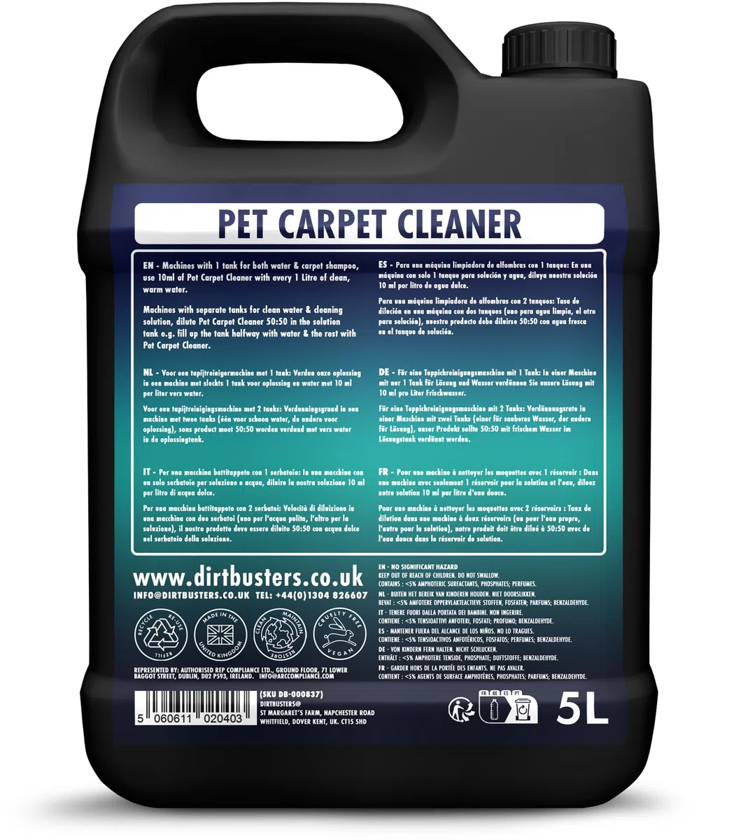Dirtbusters Limpiador Concentrado de Moquetas, Alfombras y Tapicería para Mascotas. Elimina Manchas y Olores de Orina y Heces. Apto para Máquinas de limpieza. Aroma a Higo y Zarzamora. 1 x 5 Litros