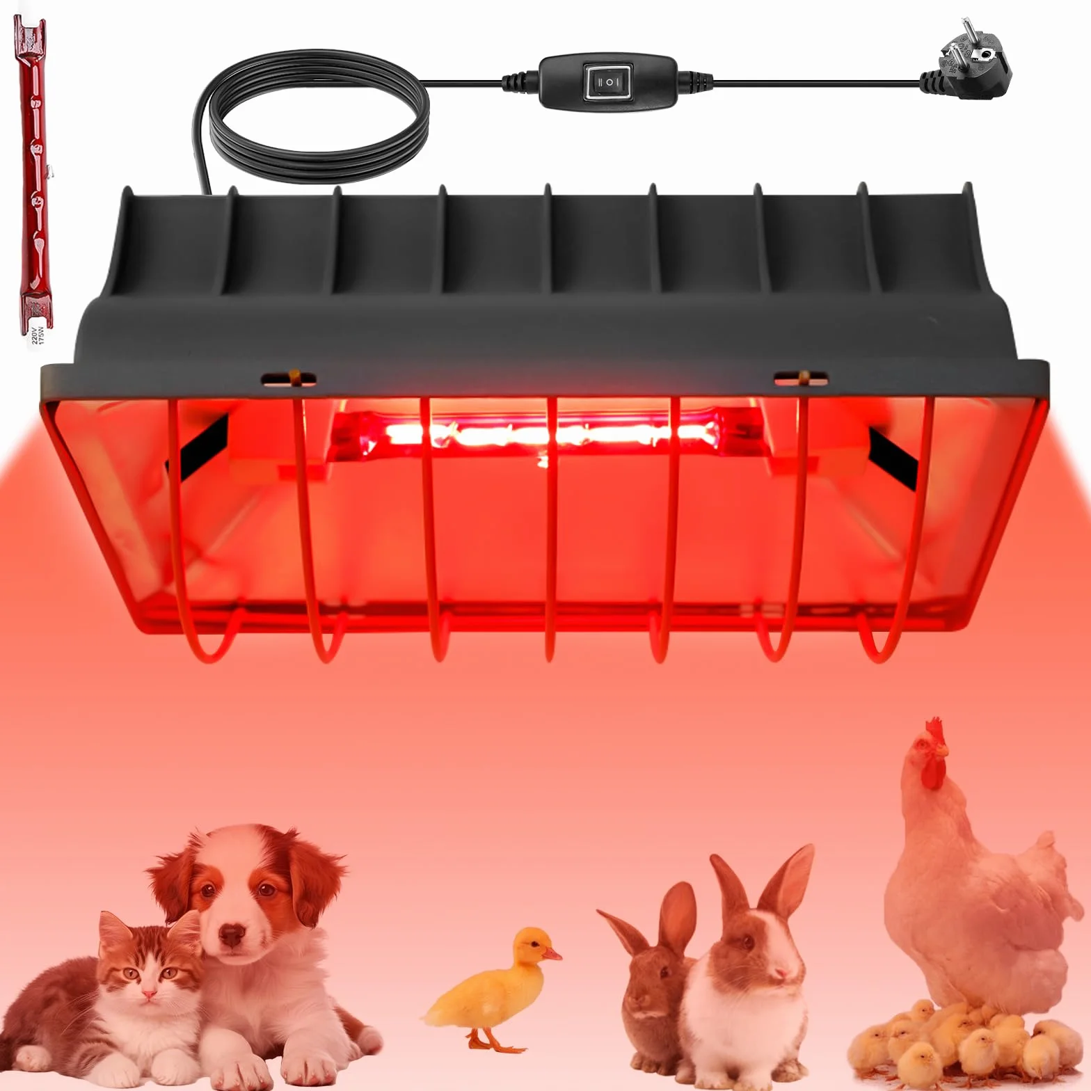 Lámpara de calor de 1,8 metros, emisor de calor, lámpara infrarroja de luz roja con interruptor, lámpara de calor para animales, lámpara de calefacción para gallineros, para pollitos etc. (175 vatios)