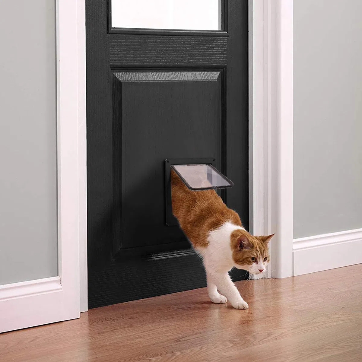 Sailnovo Puerta de Gato XL (tamaño Exterior 24,5 x 28,5 x 5,5 cm), Puerta para Gatos con 4 bloqueos para Puertas Interiores y Exteriores, Resistente a la Intemperie, para Gatos y Perros, Color Negro