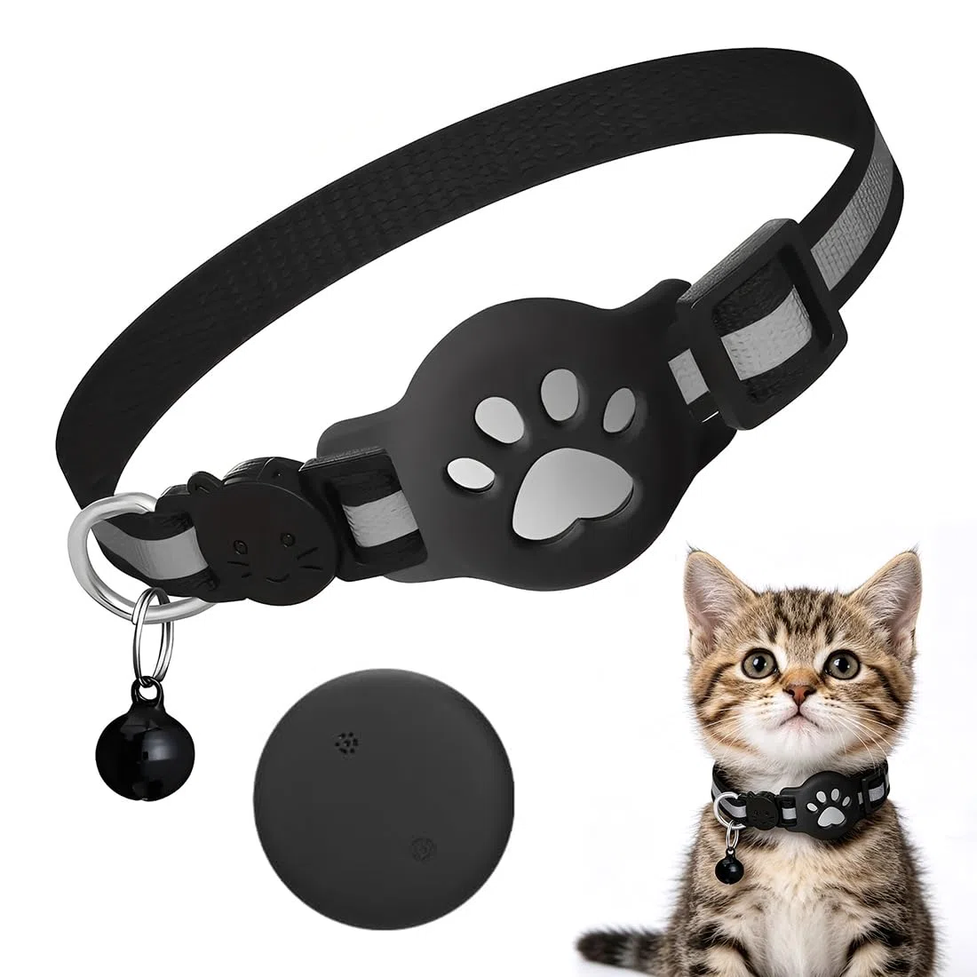 collar con GPS para gatos, resistente al agua y duradero, con elementos reflectantes para la noche, que te ayuda a localizar a tu mascota (color negro)