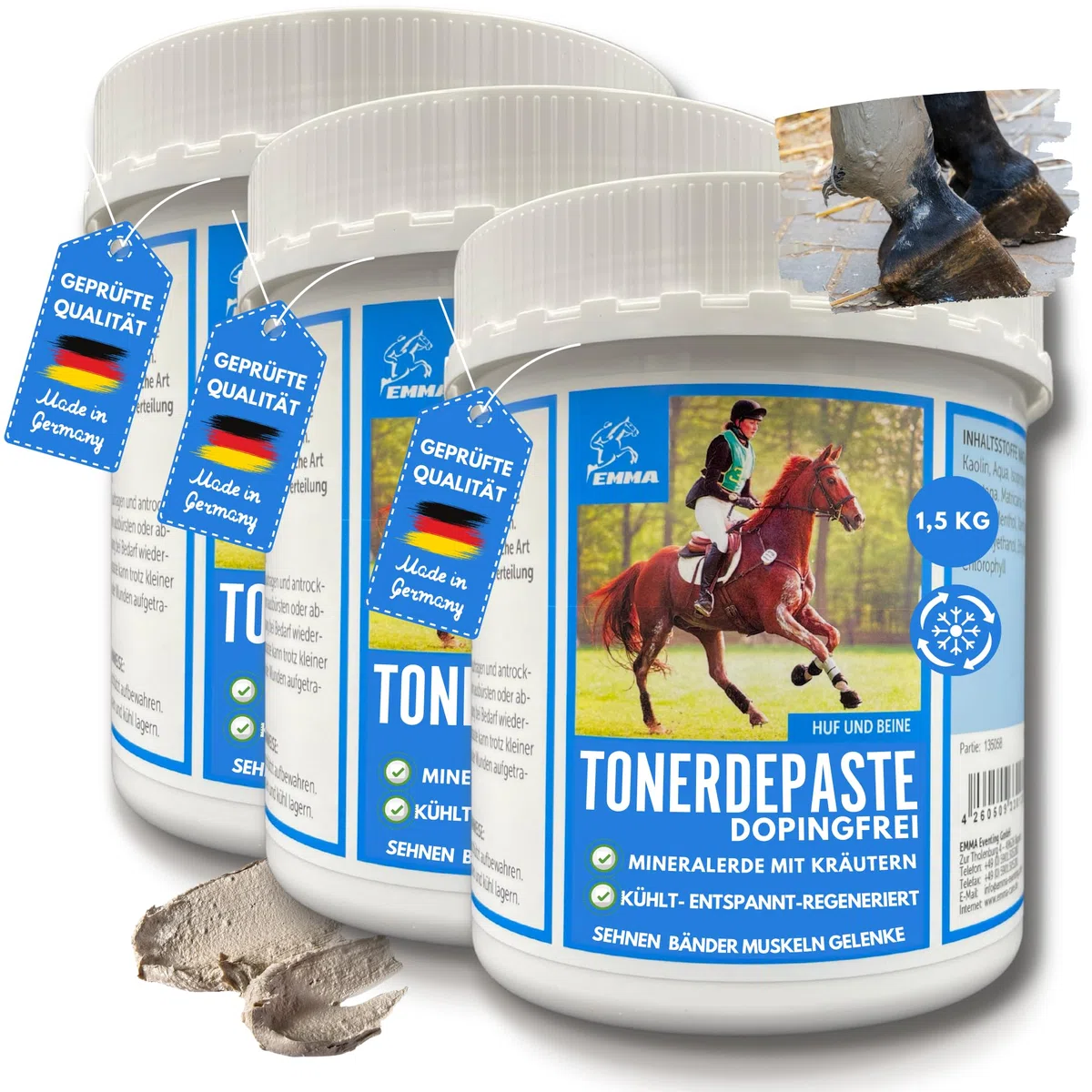 ácido acético arcilla caballos ⇒ arcilla caballo libre de dopaje 3*1,5 Kg I bálsamo para caballos enfriamiento pasta de arcilla mineral - curación pasta de arcilla enfriamiento I gel de enfriamiento