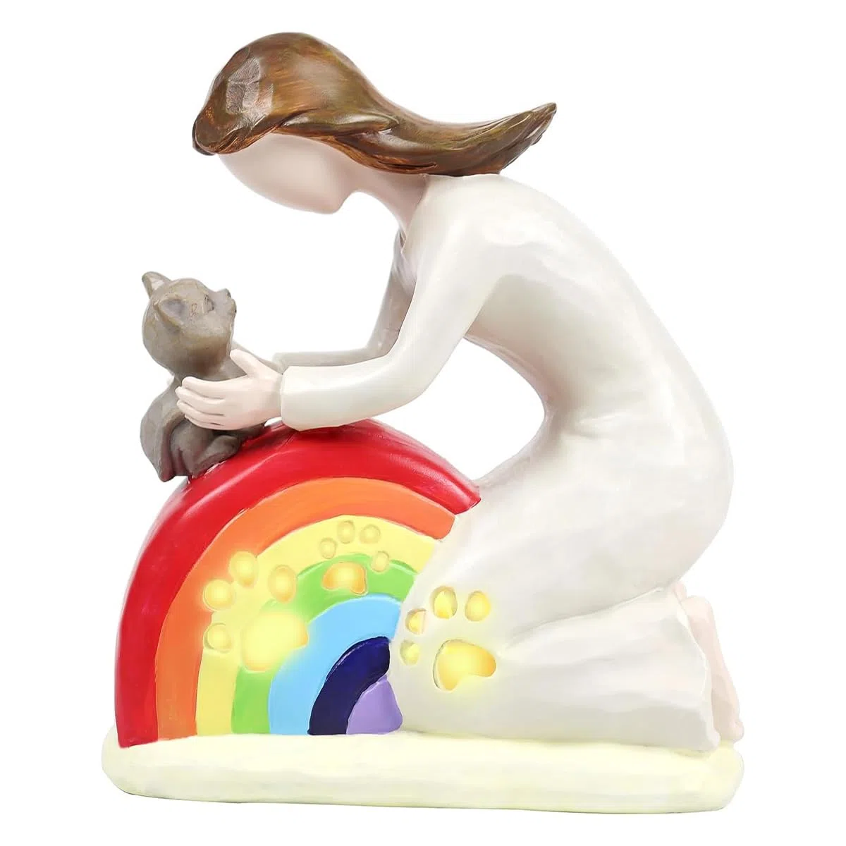 Regalo conmemorativo de gato Rainbow Bridge con estatua de resina artesanal de niña abrazando a un gato para expresar condolencias por la pérdida de una mascota.