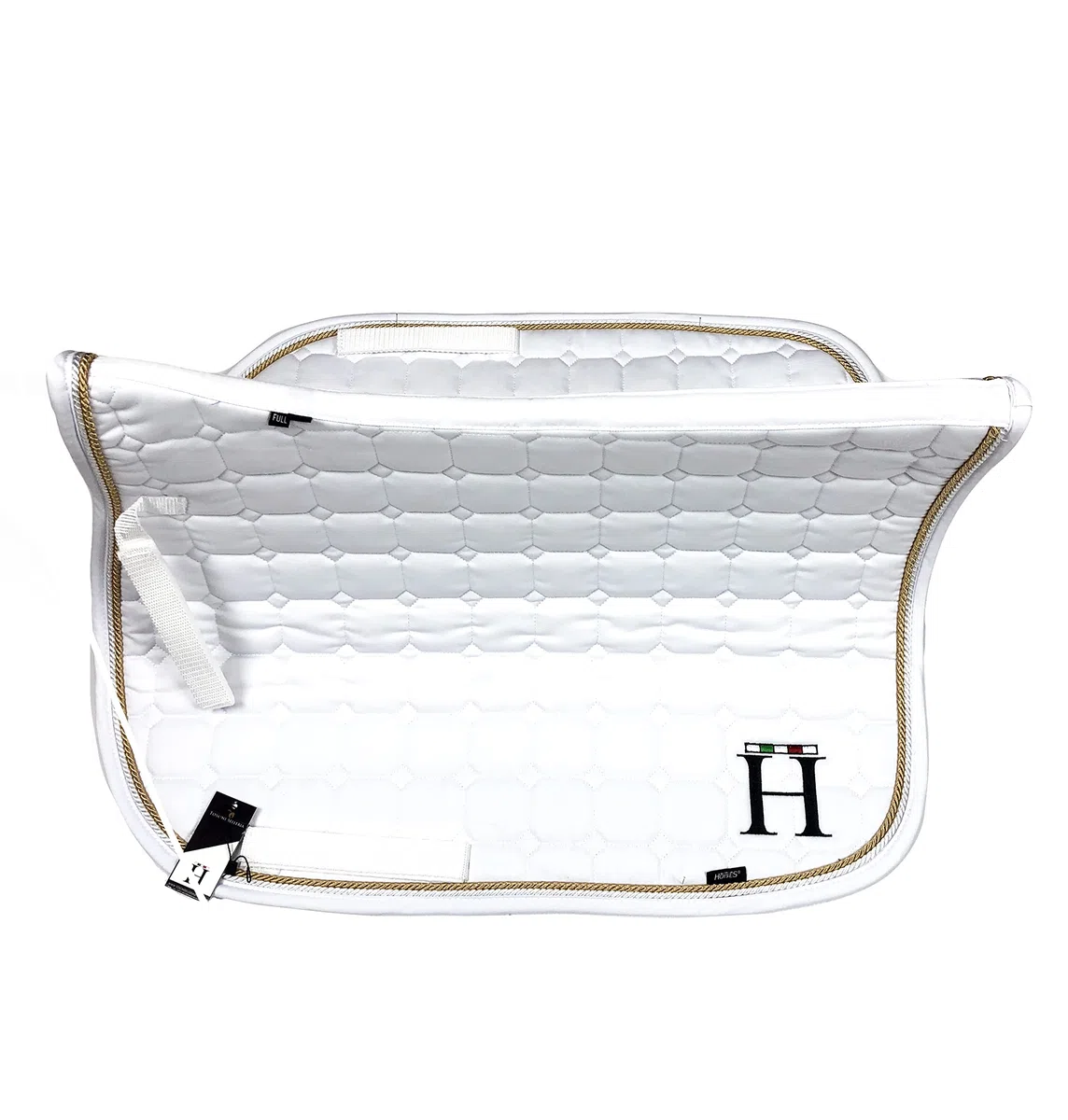 Horses, Mantilla para Caballos Ideal para Salto Ecuestre 100% Algodón, Cierre de Velcro, Ribete Trenzado, Antichoque (blanco/oro frío)