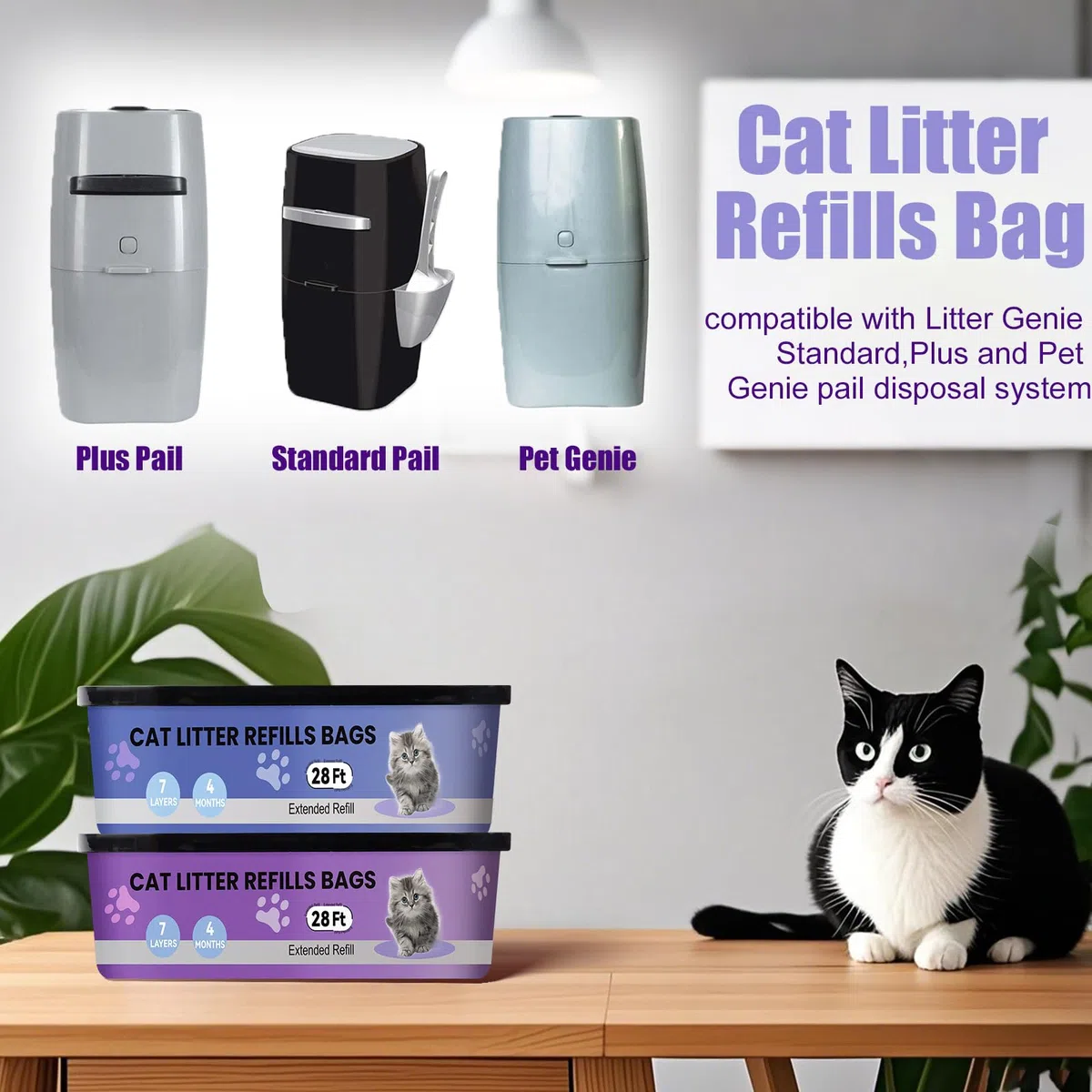 compatibles Litter Genie Standard, Plus,XL,Style para Cubos de Arena para Gatos, Bolsas de Recambio para Arena para Gatos, Control Superior de olores,8.5M, Paquete de 2 Piezas