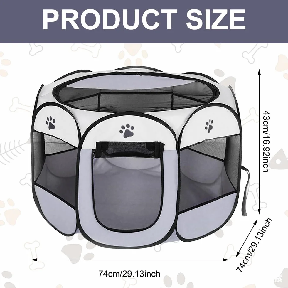 Parque plegable para mascotas 74 x 74 x 43 cm, de tejido Oxford y malla transpirable, para interior y exterior, gatos, perros, conejos y animales pequeños (garras de perro gris)