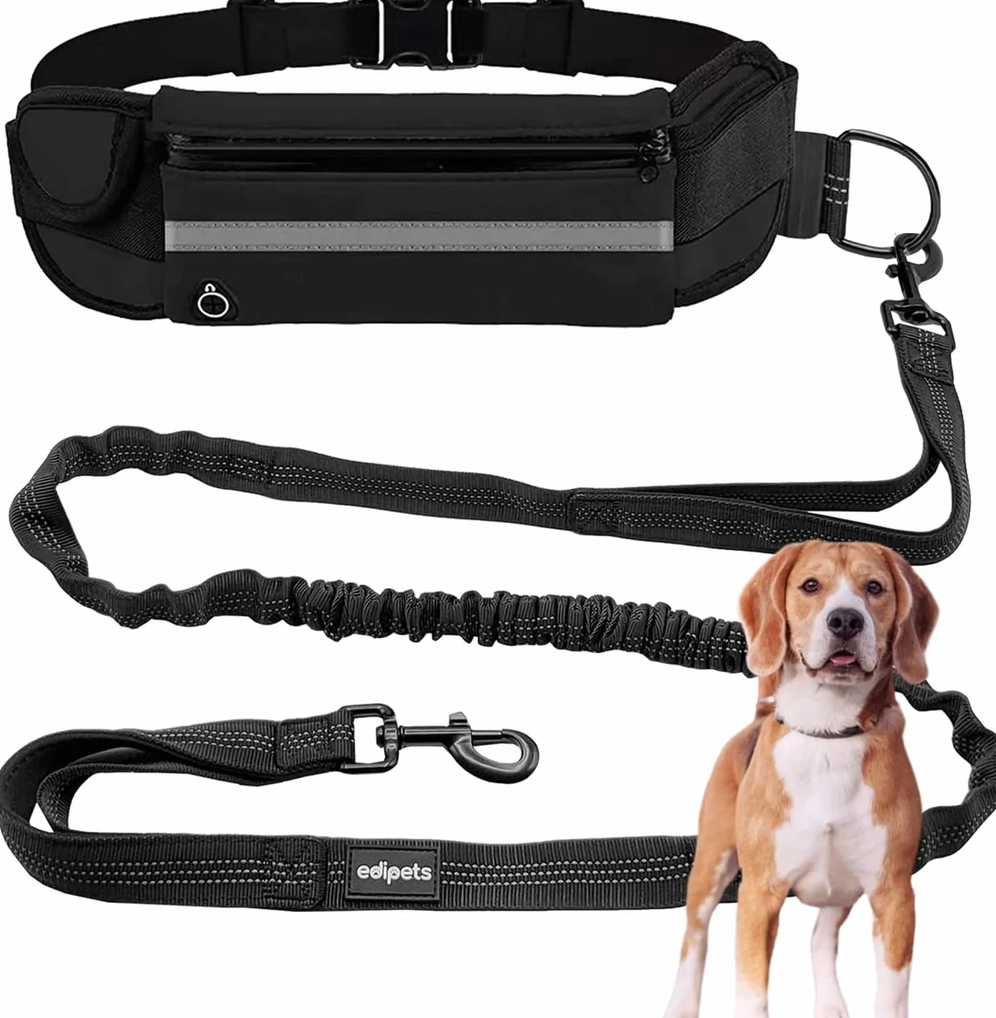 Edipets, Correa Perro Cintura, para Correr, Extensible, Manos Libres, Running, Antitirones, Elástica, Reflectante, 160-220 cm, Paseo, para teléfono móvil (Negro)