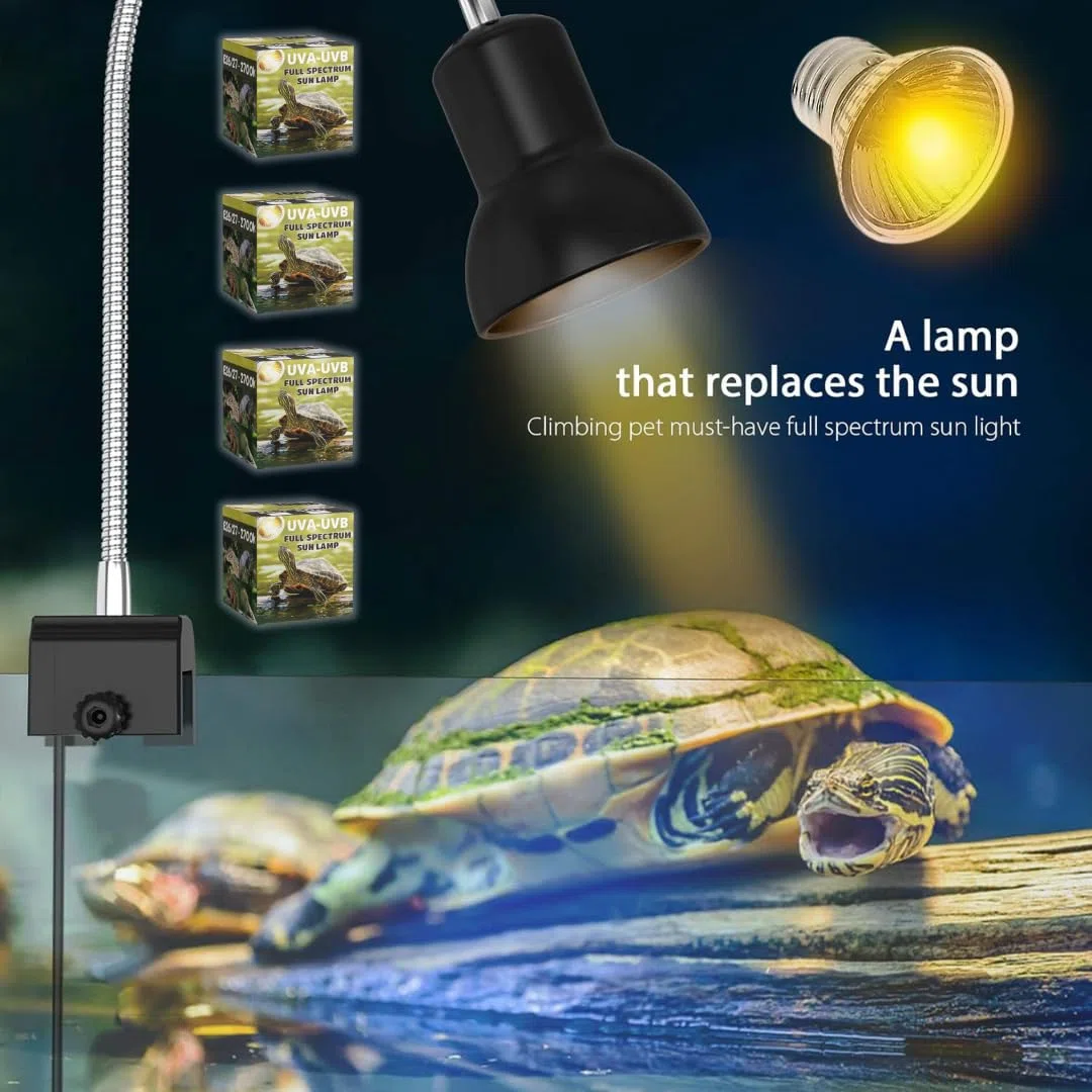 Tonia Kit de 4 Bombillas UVA/UVB + Portalámparas para Reptiles – 2x25W + 2x50W – Luz Solar de Espectro Completo para Terrarios y Acuarios Tortugas, Camaleones – 360º