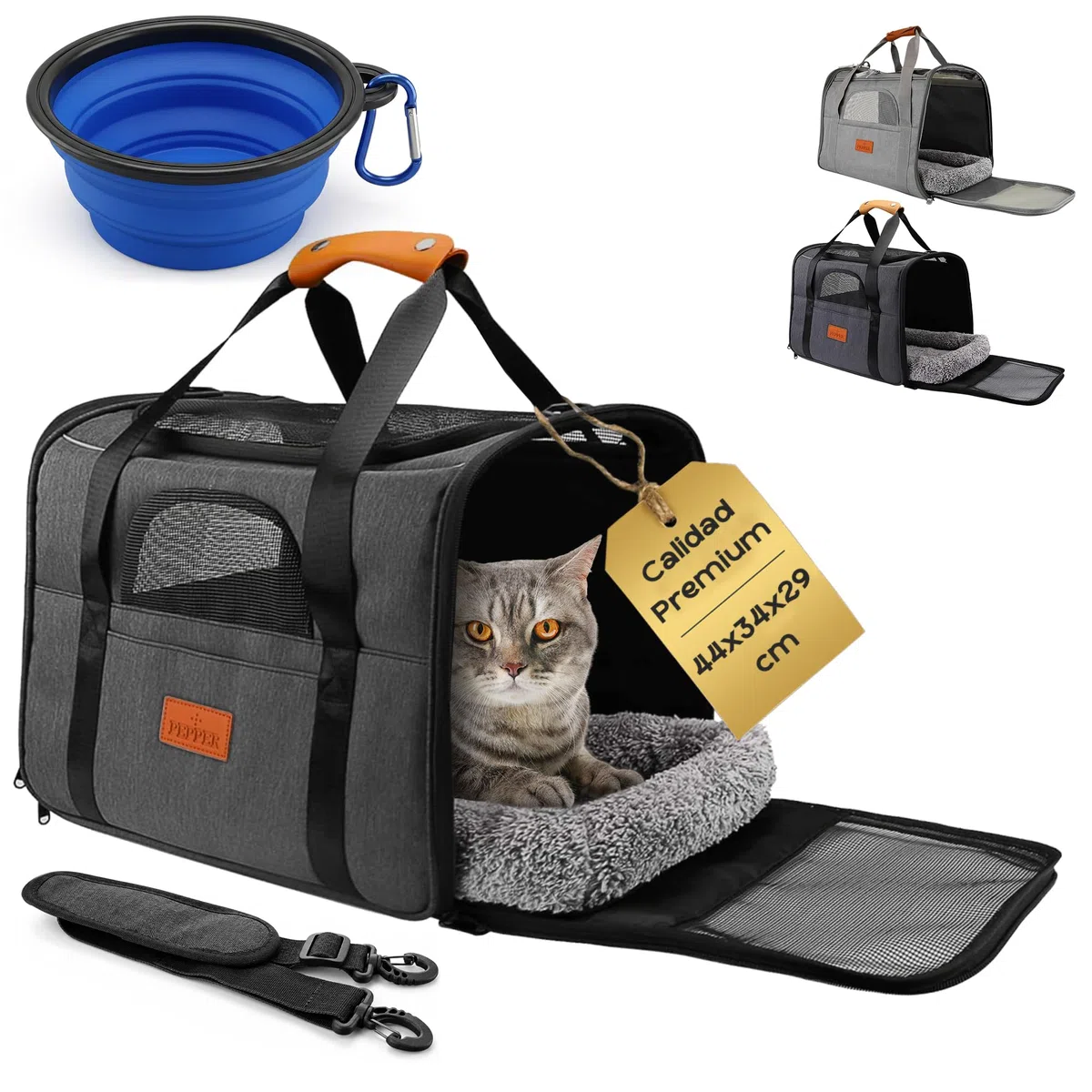 PEPPER® Transportin Gato Perro Pequeño | Bolsa de Transporte Plegable y Transpirable con Ventilación 360º Cómodo y Seguro con Bebedero Plegable, Cojín Suave Lavable y Correa de Hombro Ajustable