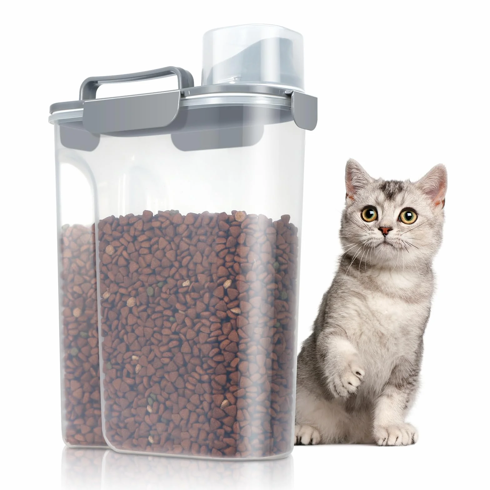 TBMax Contenedor de almacenamiento de alimentos para gatos de 5 litros con tapa, recipiente portátil para alimentos para mascotas con boquilla grande y taza medidora, recipiente hermético para
