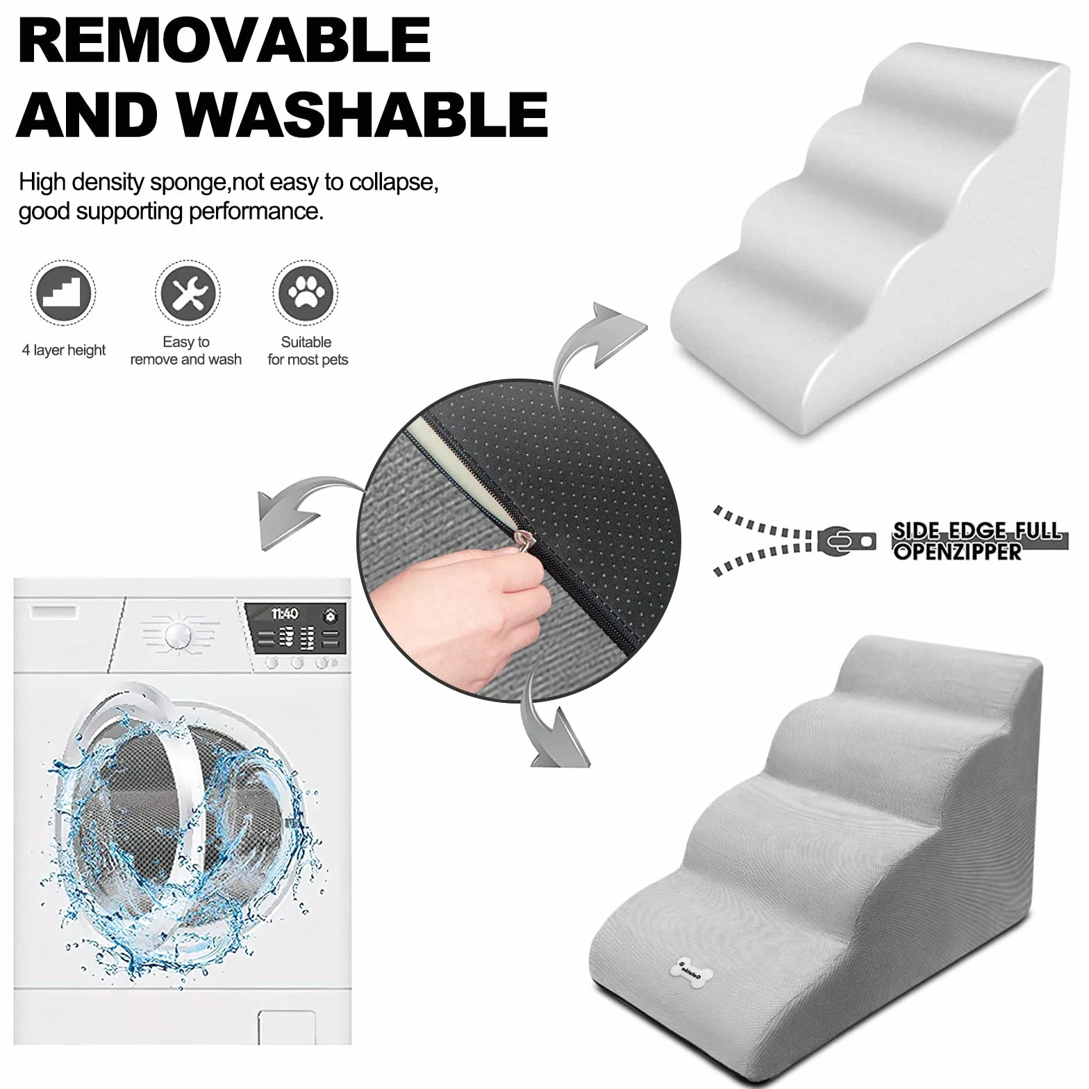 Galatée Escaleras para Perros, Escaleras para Mascotas Extraíbles y Lavables, Rampa para Mascotas Antideslizante De 4 Escalones, Escalones para Perros para Sofá De Cama Alta(Azul Oscuro)