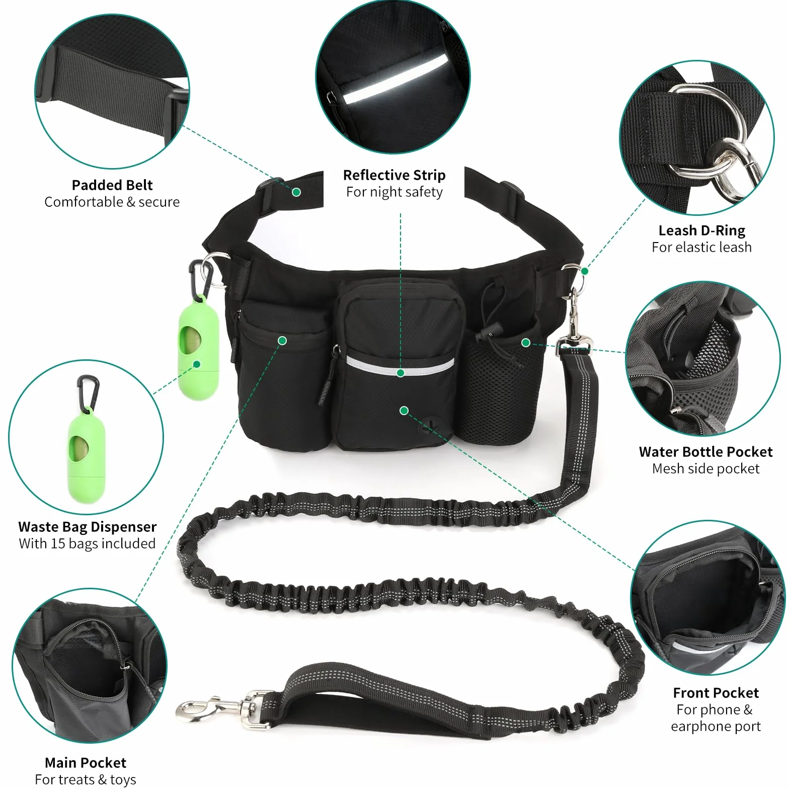 VINATO Riñonera para Perros con Correa Elástica Integrada y Dispensador de Bolsas,Bolsa de Golosinas Impermeable Multifuncional para Adiestramiento y Paseos – para Perros Pequeños y Medianos