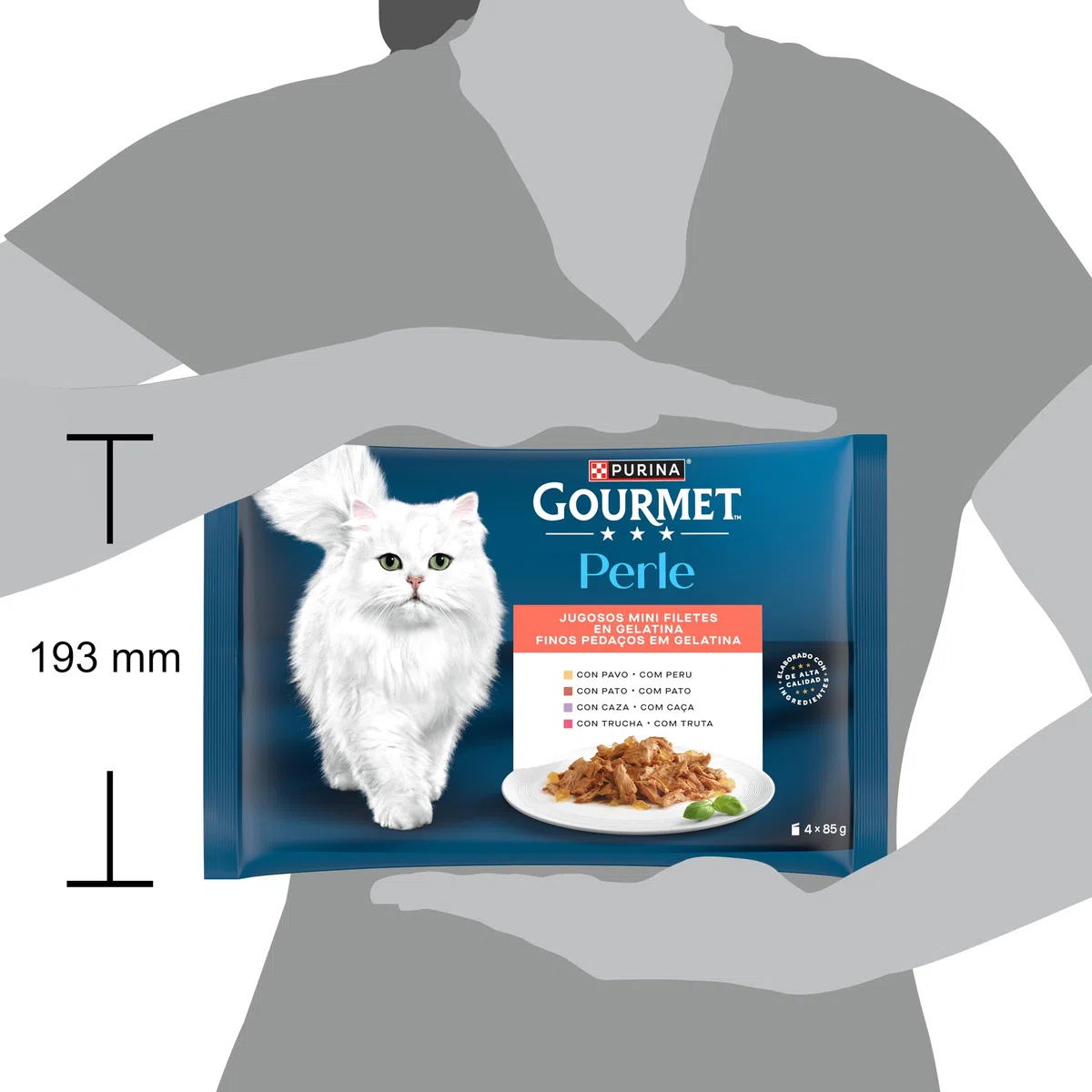 GOURMET Perle Mini Filetes en Salsa, Comida Húmeda para Gato Adulto, Trocitos en Salsa, Surtido de Pavo, Pato, Caza y Trucha, 12 Packs de 4 Sobres de 85 g. (48 sobres)