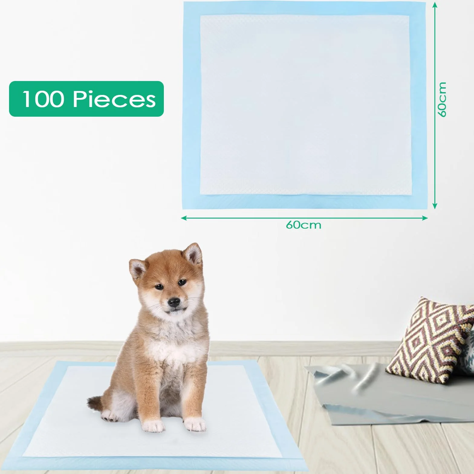 Fousenuk 100 Unidades Empapadores Perros 60X60cm, Almohadillas Perro para Puppy Pads en Casa, WC Perros Alfombrillas Higiénica Desechables para Mascotas, Superficie de Secado Rápido, Transpirables
