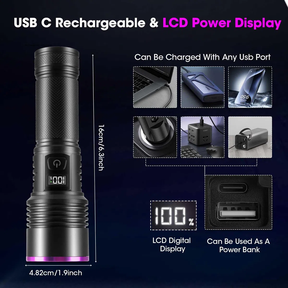 Linterna UV de 20 W, 365 nm de luz negra, linterna con USB recargable, lámpara de luz UV de 7000 mAh para detección de orina de mascotas, búsqueda de ámbar, escorpión, resina, vidrio de