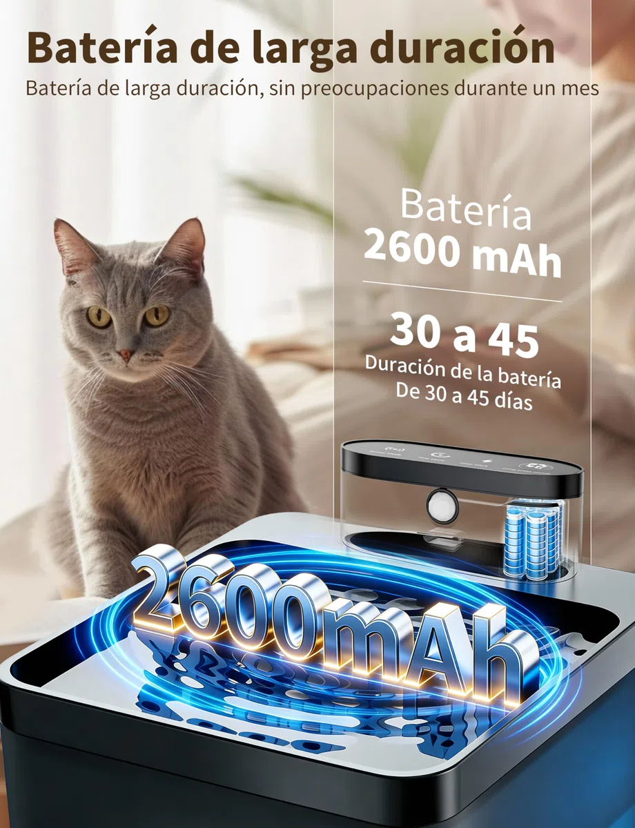 Fuente para gatos, 2,2 l, inalámbrica con LED, detector de movimiento, bomba silenciosa 30 dB, batería de 2600 mAh, filtración premium