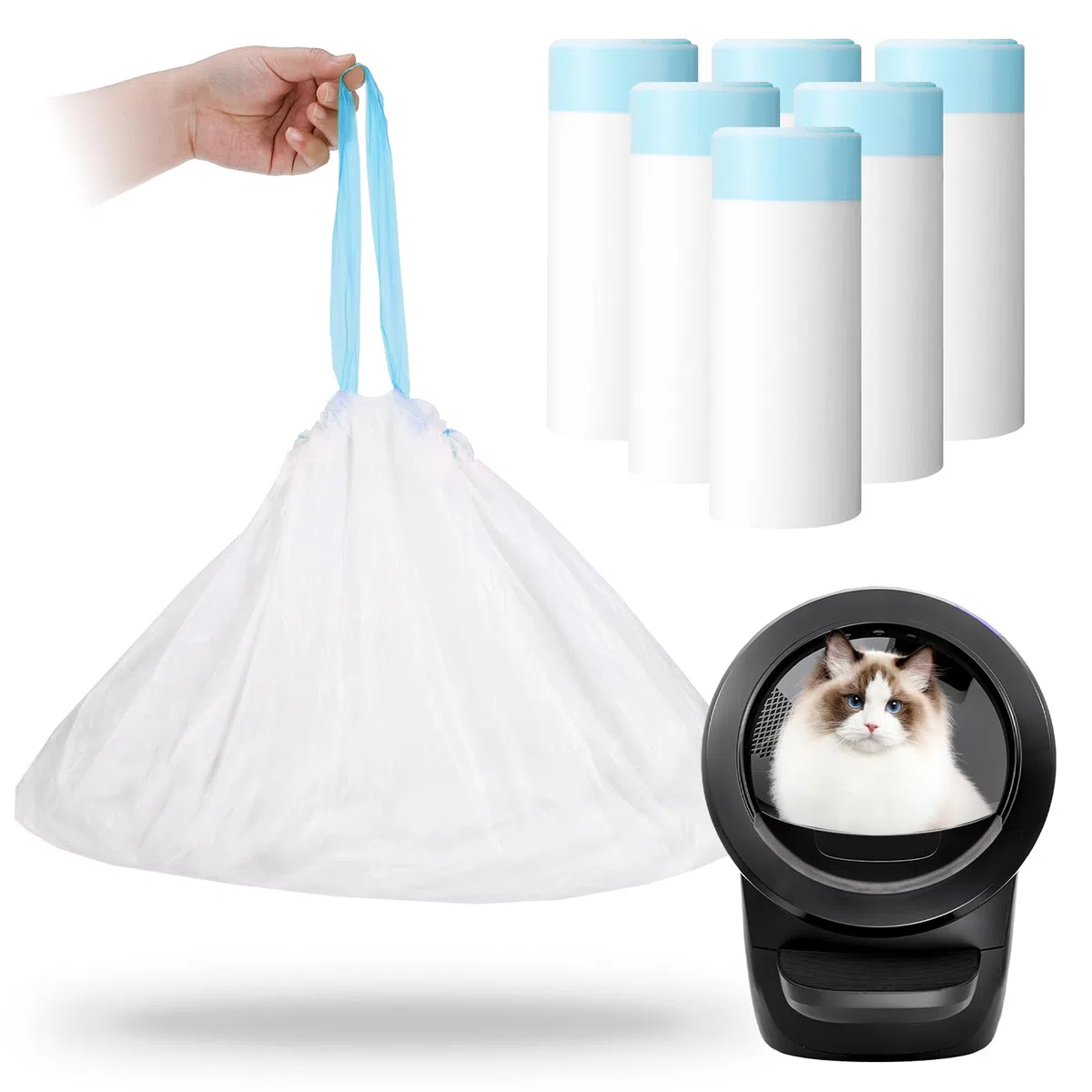 120 bolsas de arena para gatos autolimpiables compatibles con Litter-Robot 3/4, bolsas de arena de repuesto para gatos de alta resistencia con cordón grueso para arena robot 3/4, bolsas de caja de