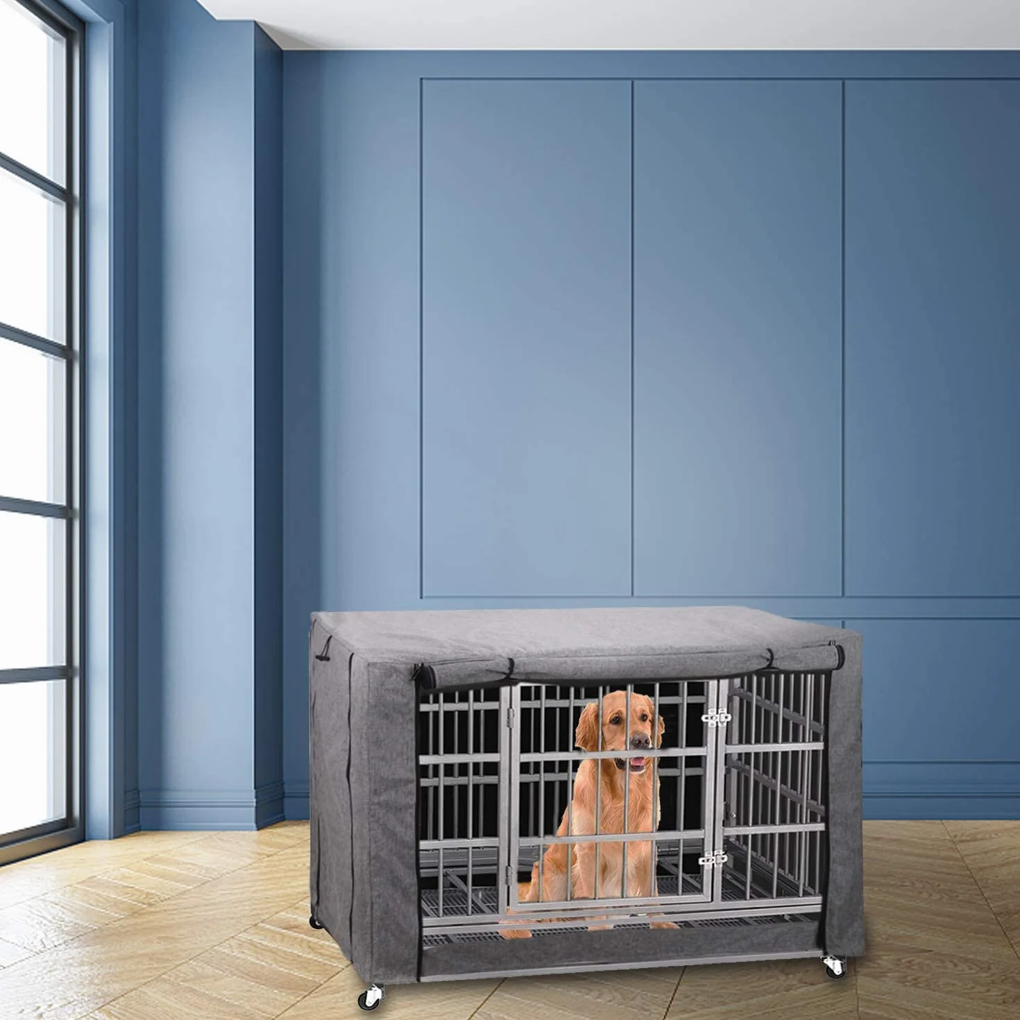 Funda para Jaula de Perro Grande, Funda Gris Que se Adapta a la mayoría de jaulas de Perros, Funda Duradera Resistente al Viento para Mascotas proporcionada para jaulas de Perro de Alambre, Tela