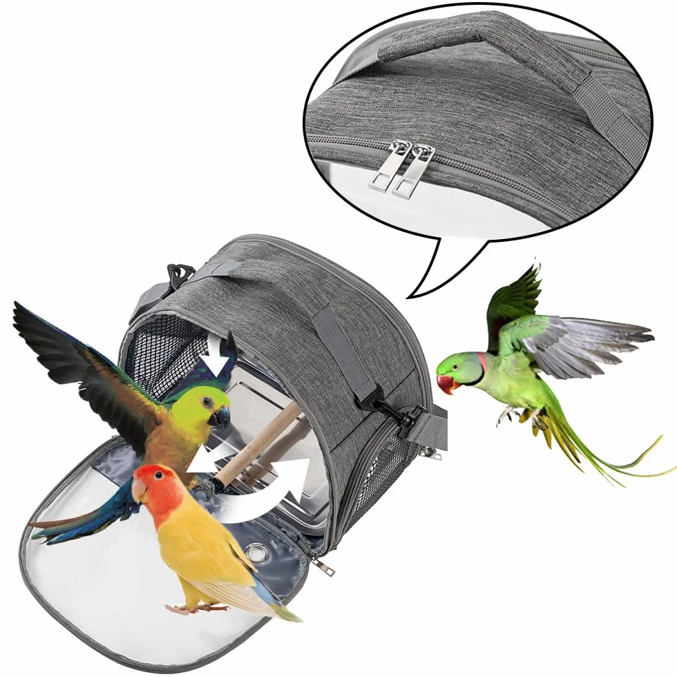 Transportador de viaje gris para pájaros con soporte y bandeja de acero inoxidable, jaula de viaje transparente y transpirable para mascotas, transportador portátil para loros pequeños